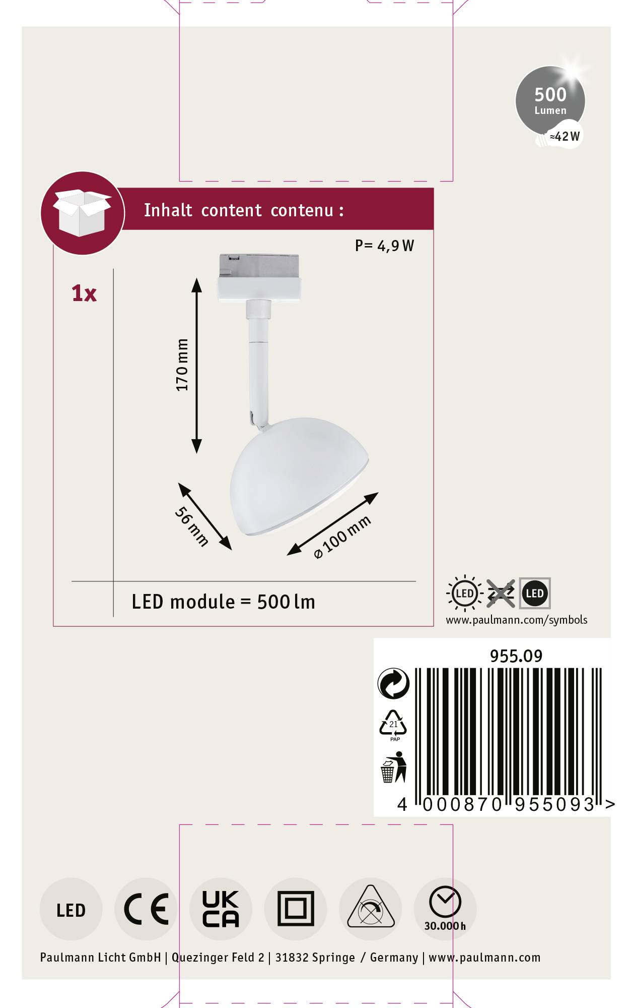 Paulmann Hemi Hochvolt-Schienensystem-Leuchte URail LED fest eingebaut 5W LED Weiß