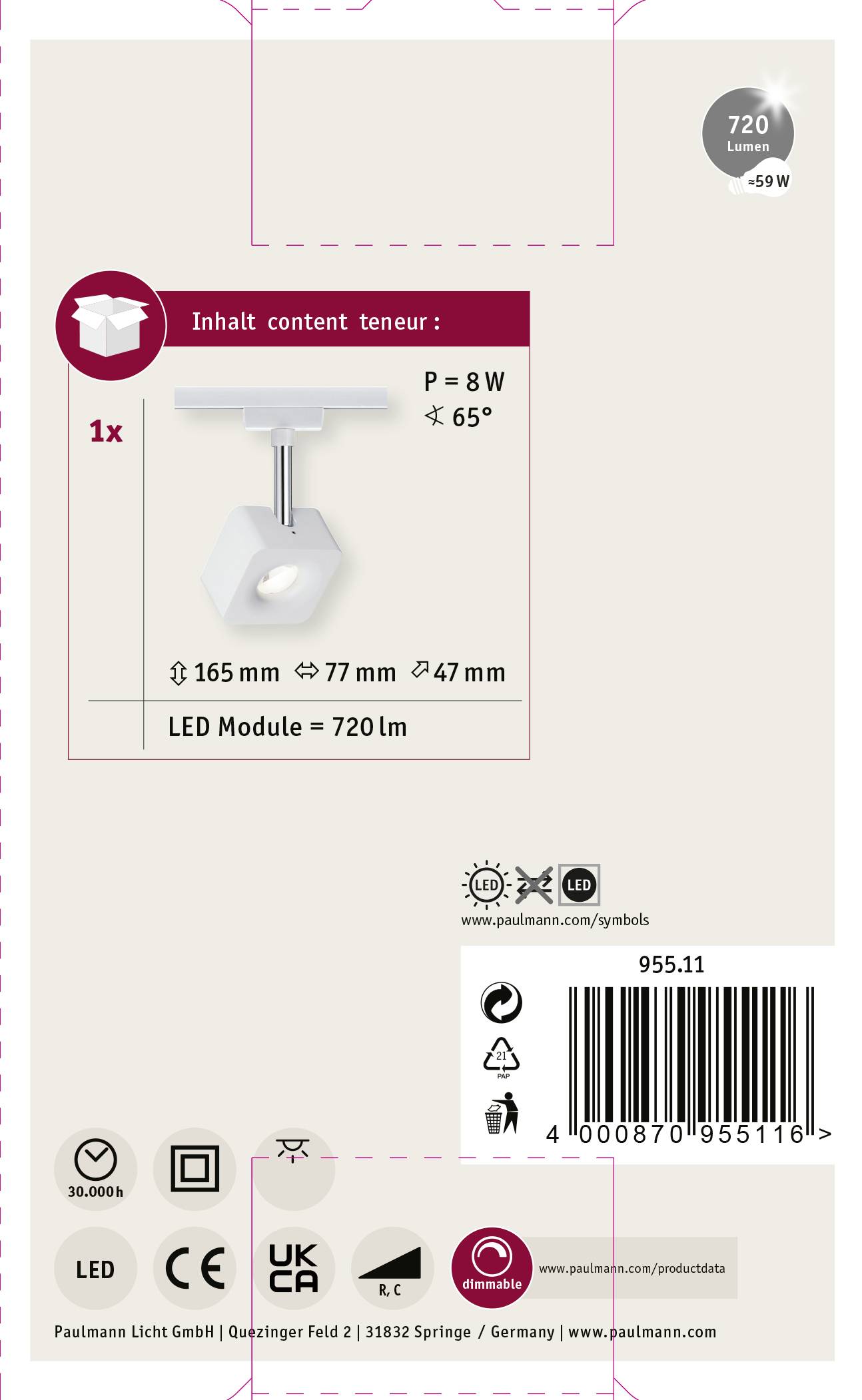 Paulmann Cube Hochvolt-Schienensystem-Leuchte URail LED fest eingebaut 8W LED Weiß, Chrom
