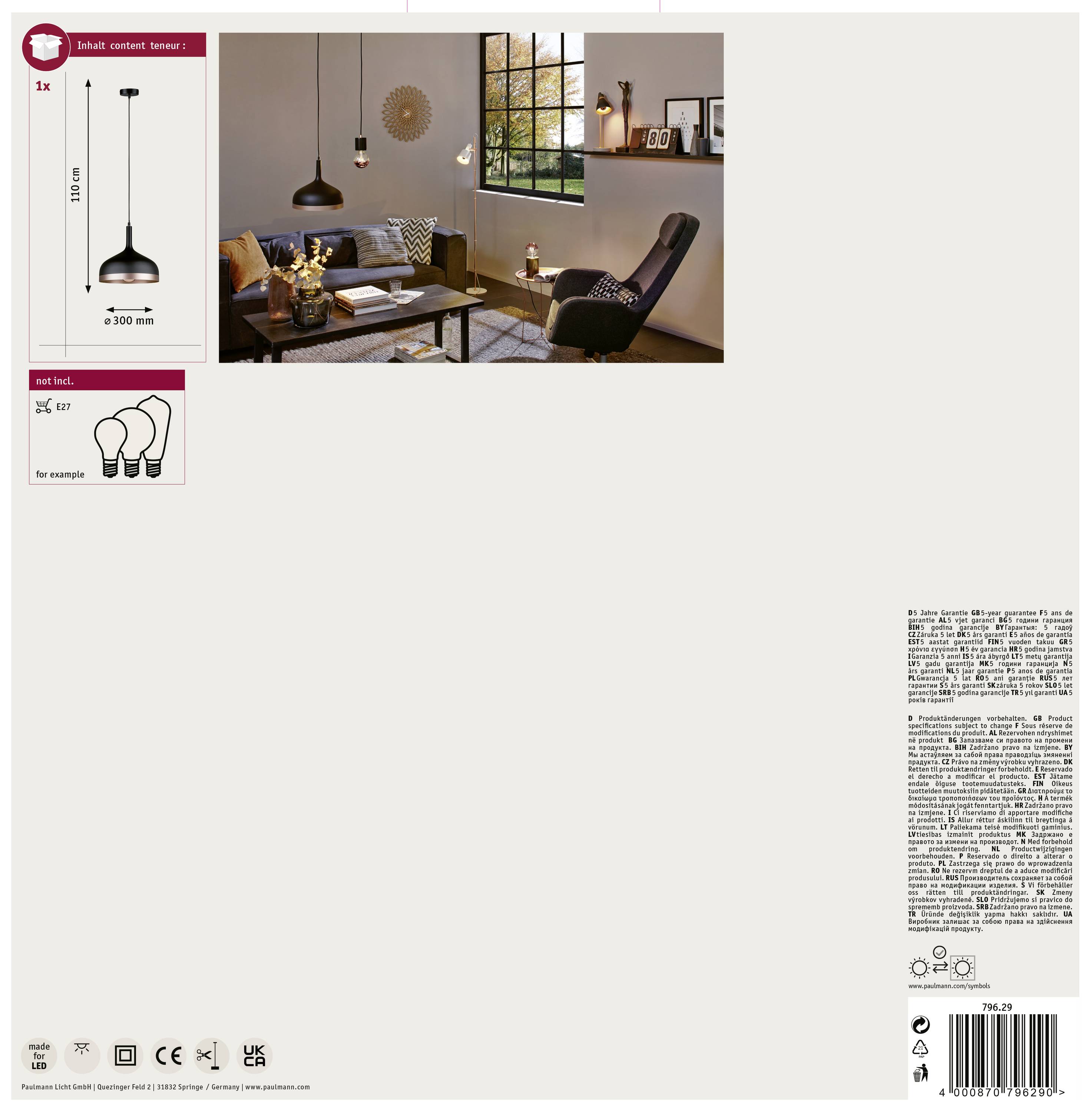 Paulmann Neordic Embla 79629 Pendelleuchte LED E27 20W Schwarz, Kupfer matt