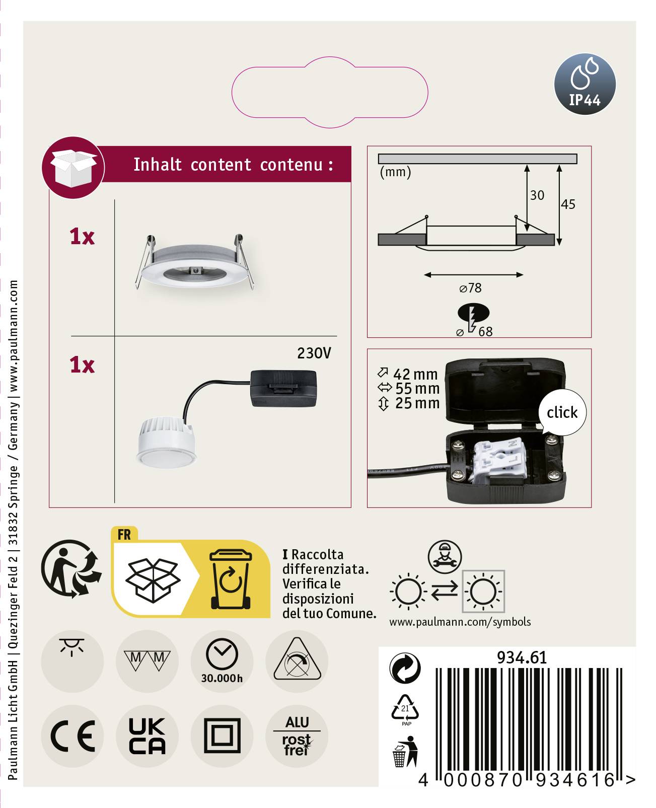 Paulmann Nova Bad-Einbauleuchte LED LED 6W IP44 Aluminium (gedreht)
