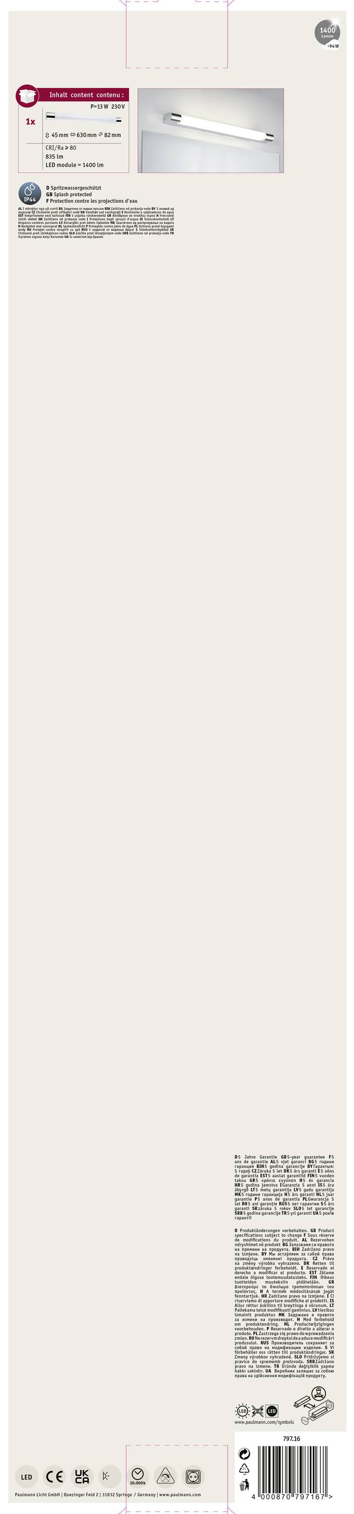 Paulmann Mizar 79716 LED-Spiegelleuchte 10.5W Warmweiß Chrom, Weiß