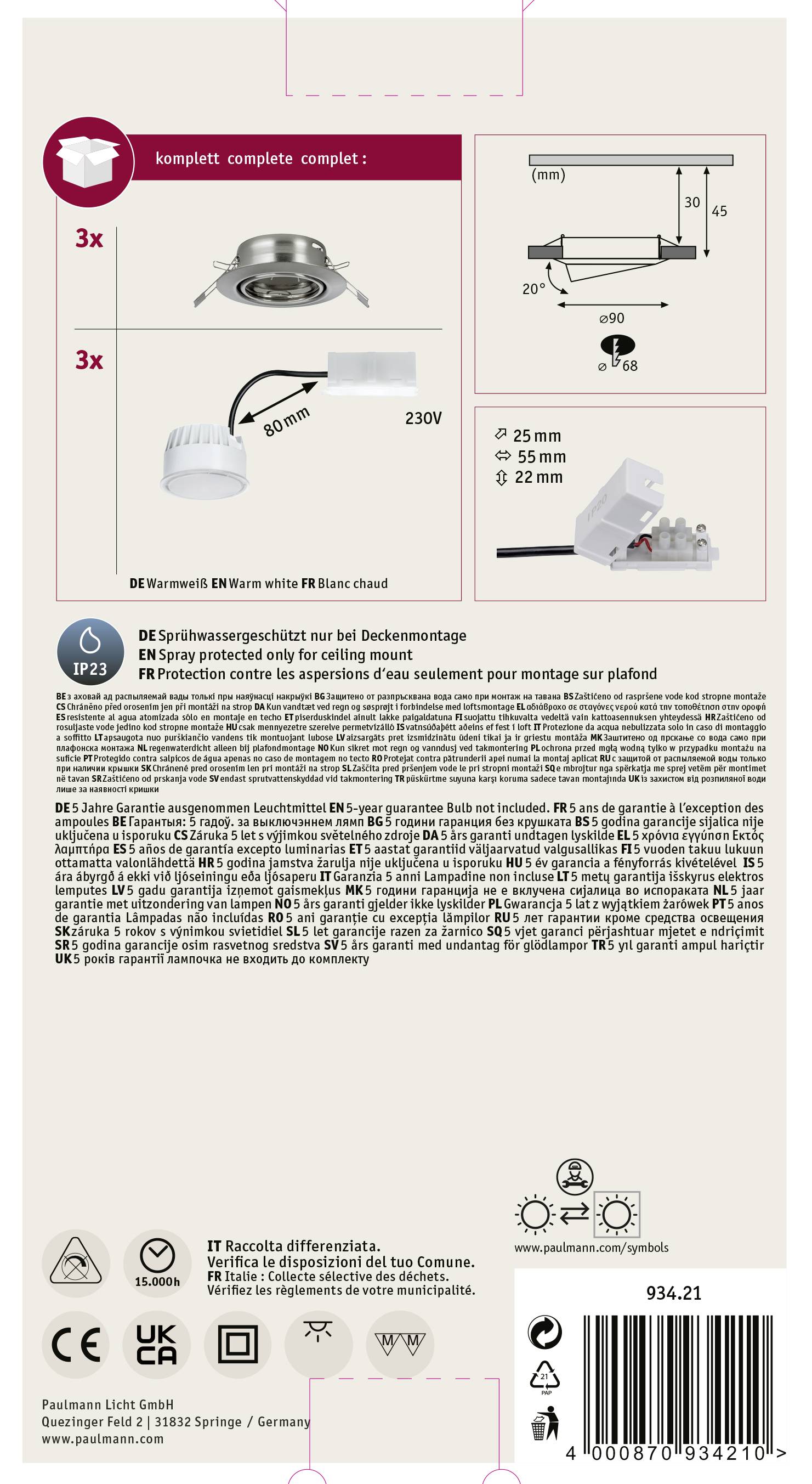 Paulmann 93421 Base Einbauleuchte 3er Set LED LED 15W Eisen (gebürstet)
