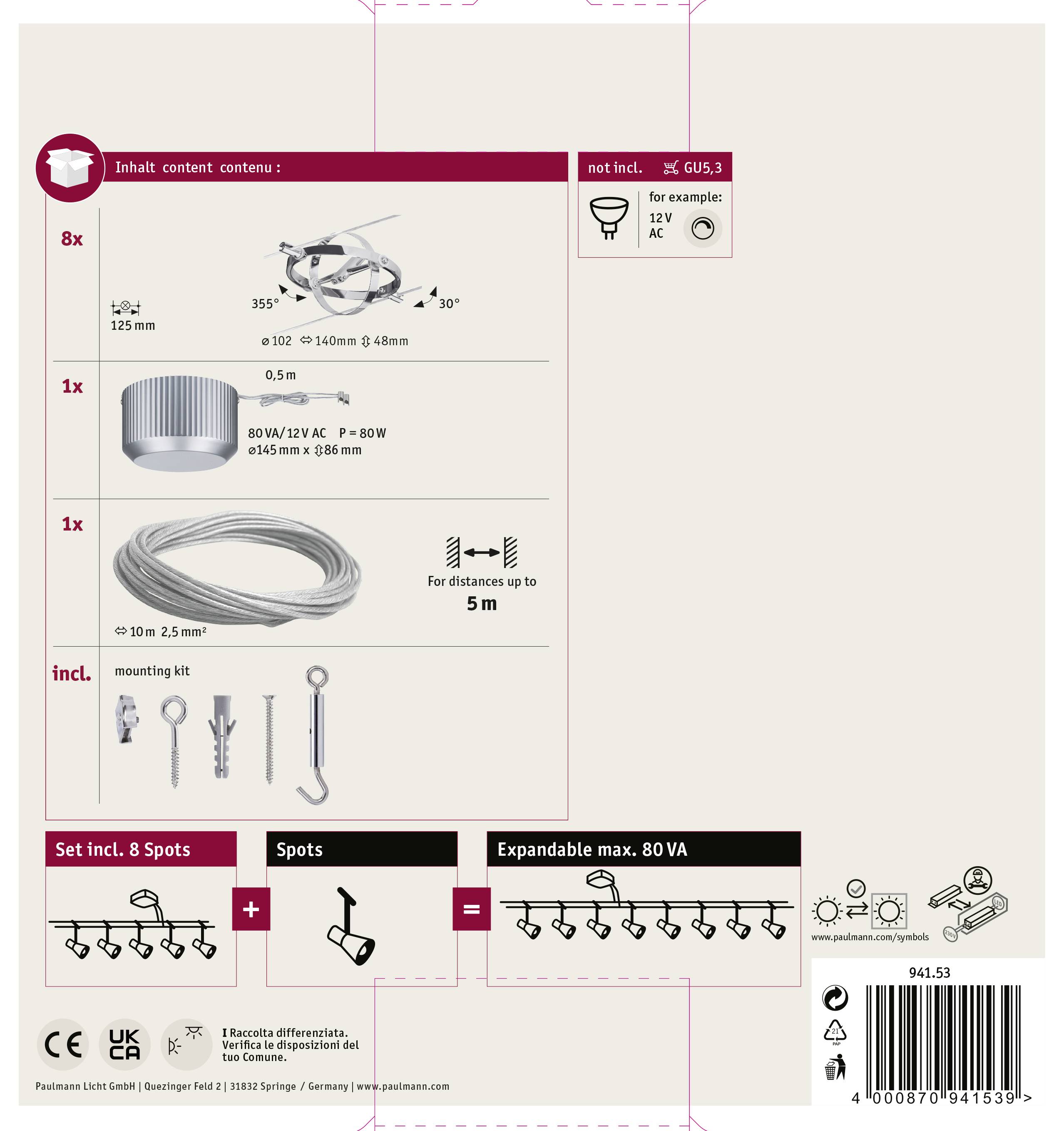 Paulmann Cardan 94153 Seil-Komplettsystem GU5.3 80W Chrom, Chrom (matt)
