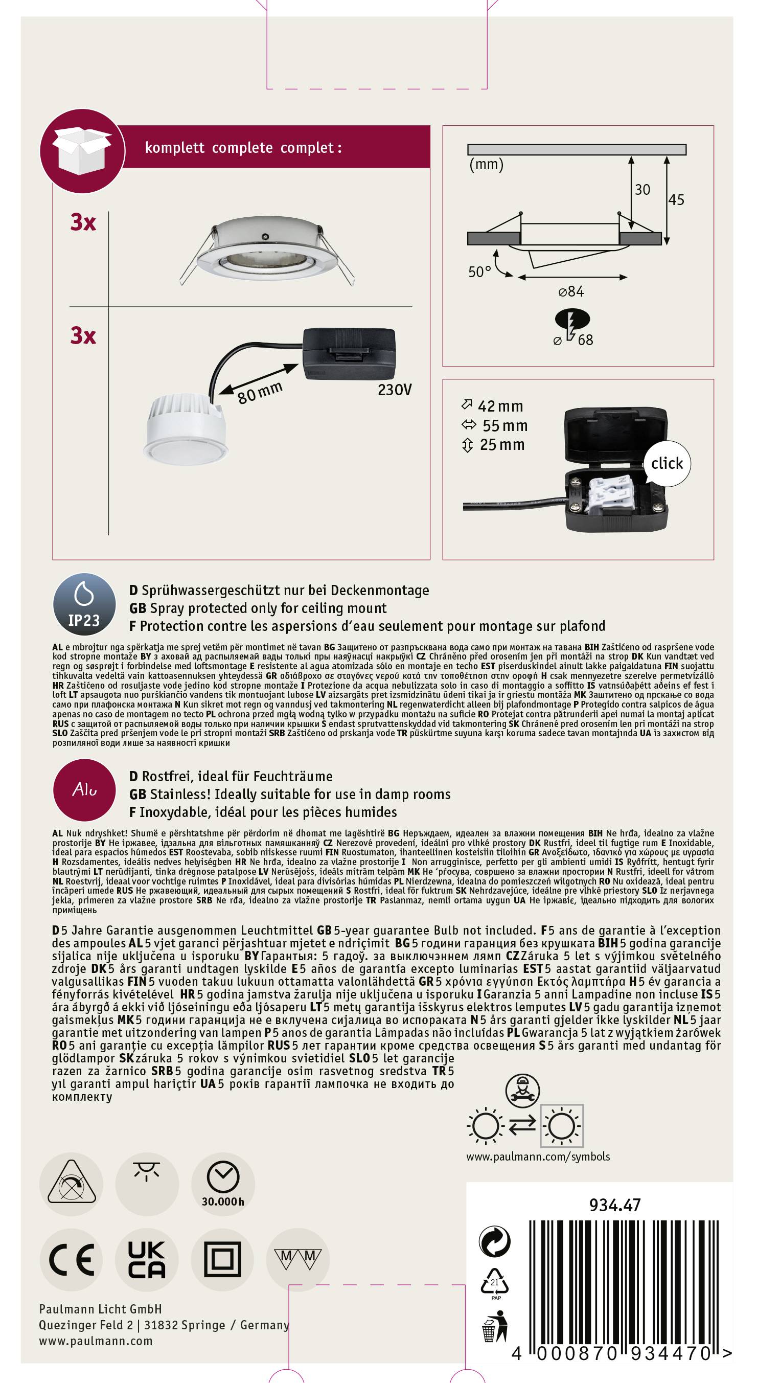Paulmann 93447 Nova Einbauleuchte 3er Set LED LED 18W Eisen (gebürstet)