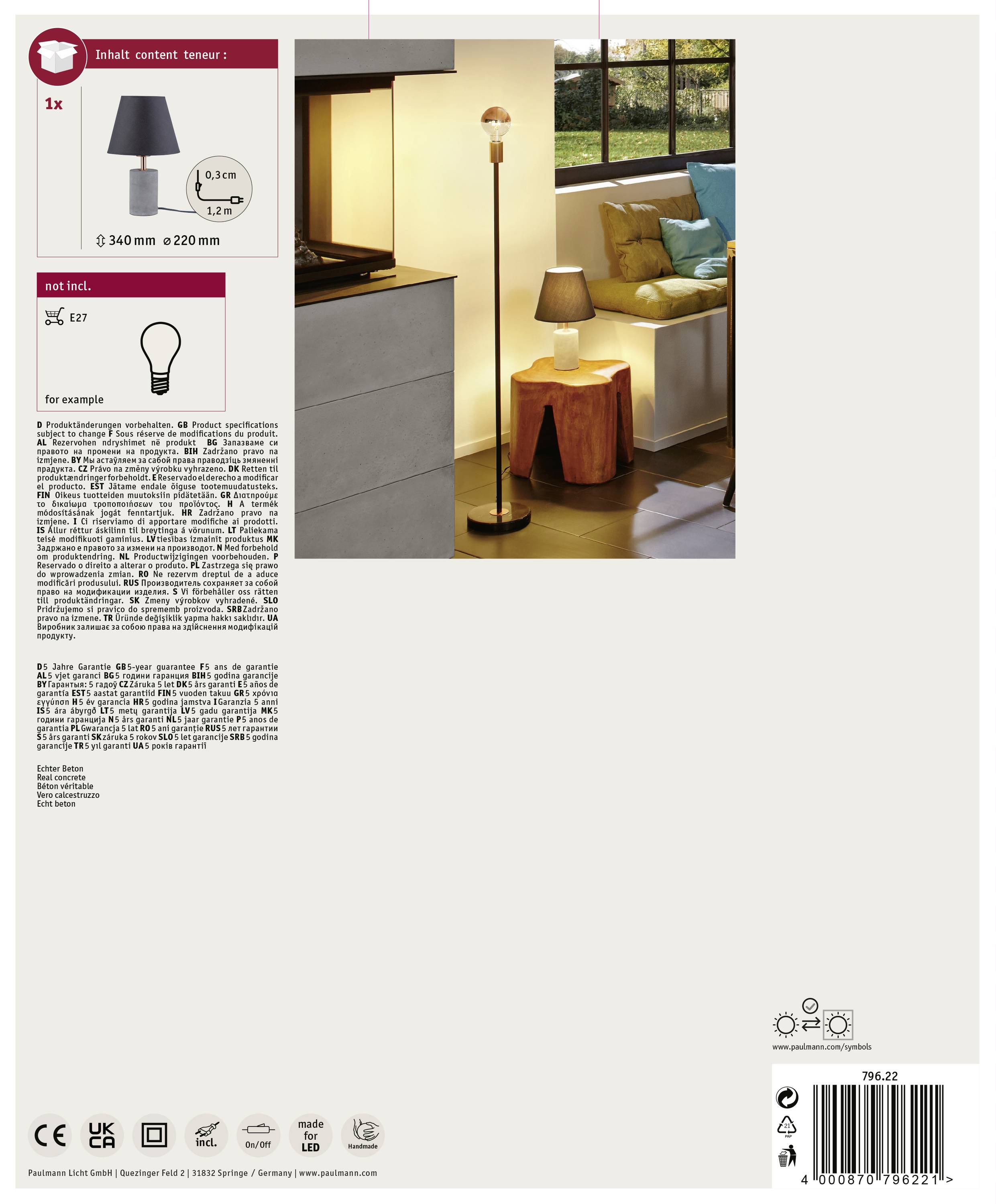 Paulmann Neordic Tem 79622 Nachttischlampe LED E27 20 W Beton-Grau, Kupfer, Anthrazit