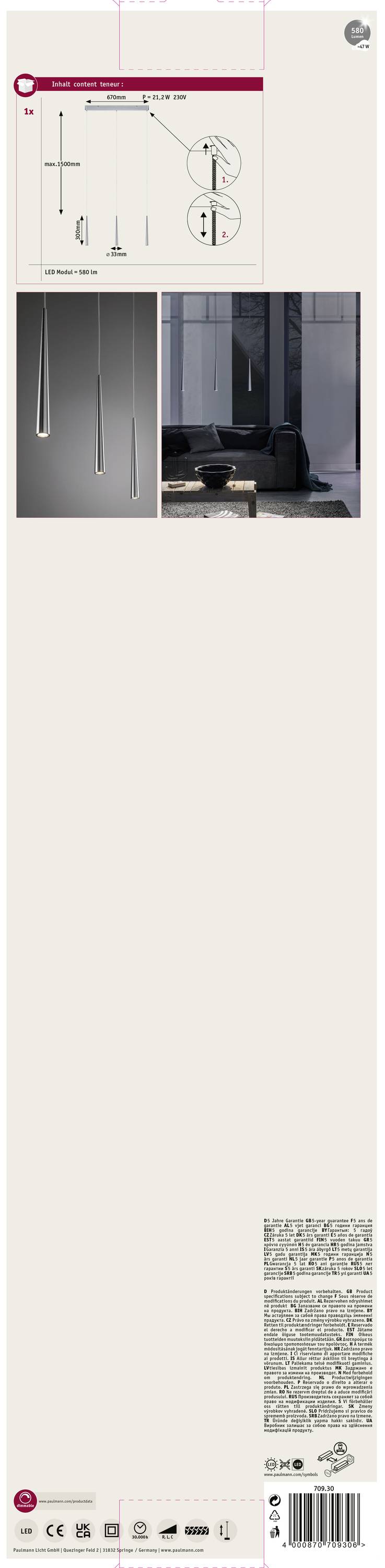 Paulmann Gutta 70930 LED-Pendelleuchte LED LED fest eingebaut 21 W Aluminium (gebürstet)