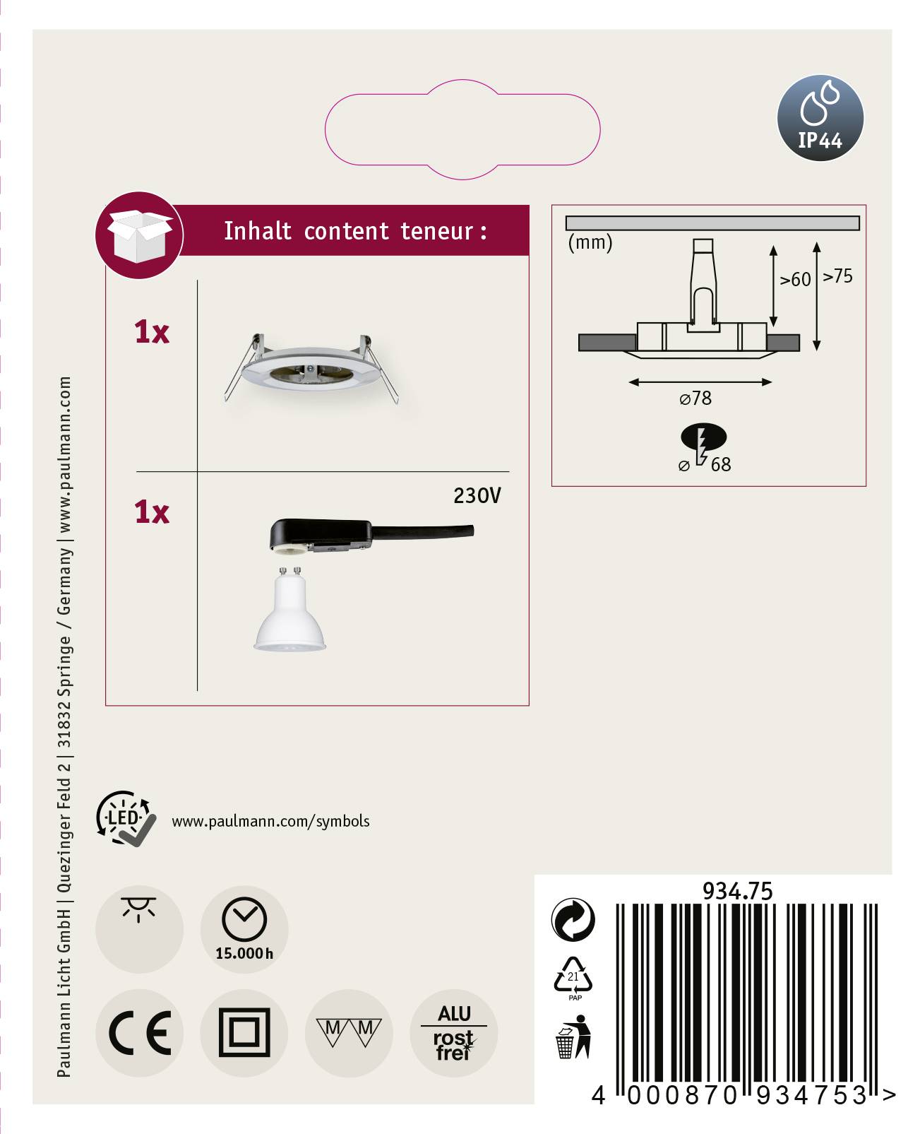 Paulmann Nova Bad-Einbauleuchte LED GU10 6.5W IP44 Eisen (gebürstet)