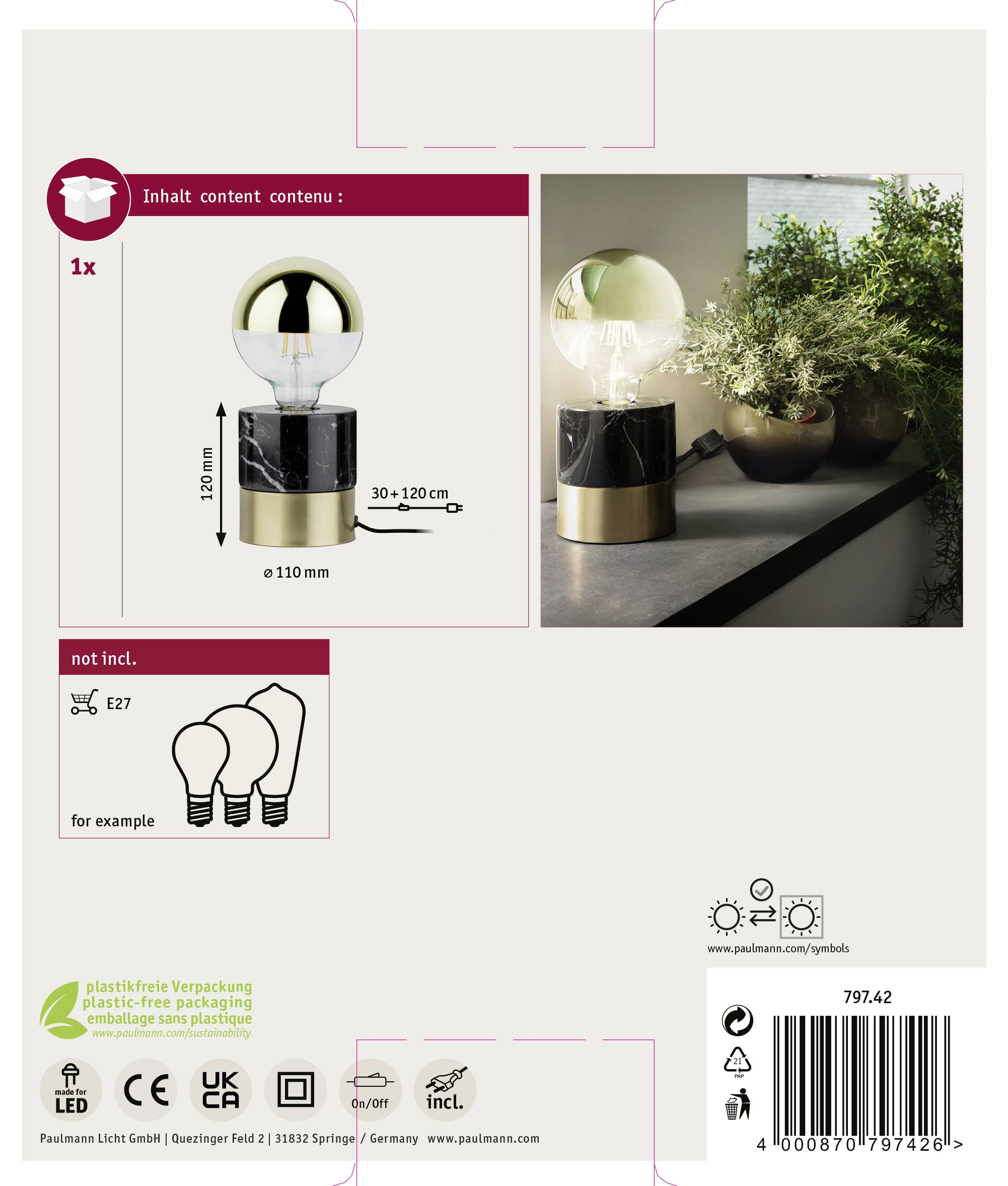 Paulmann Vala 79742 Tischlampe LED E27 20W Schwarz, Marmor, Messing