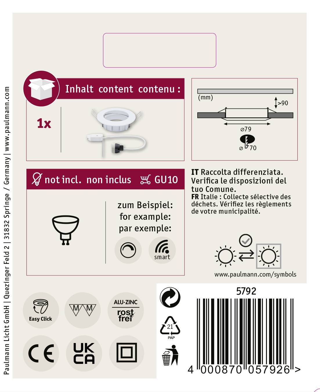 Paulmann Premium Line Bad-Einbauleuchte LED GU10 50W IP44 Weiß (glänzend)