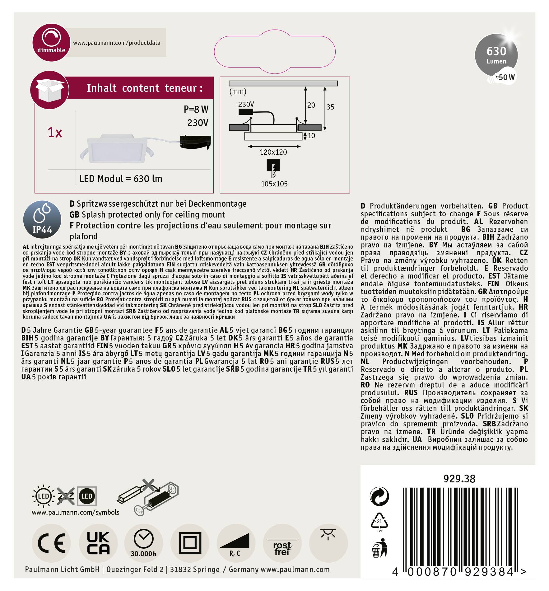 Paulmann Areo LED-Bad-Einbaupanel LED LED fest eingebaut 8W IP44 Weiß (matt)