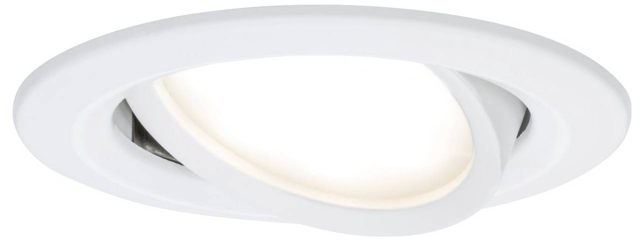Weiße Einbauleuchte mit rundem Rahmen und schwenkbarem, beleuchtetem Inneren. Ideal für moderne Innenbeleuchtung.