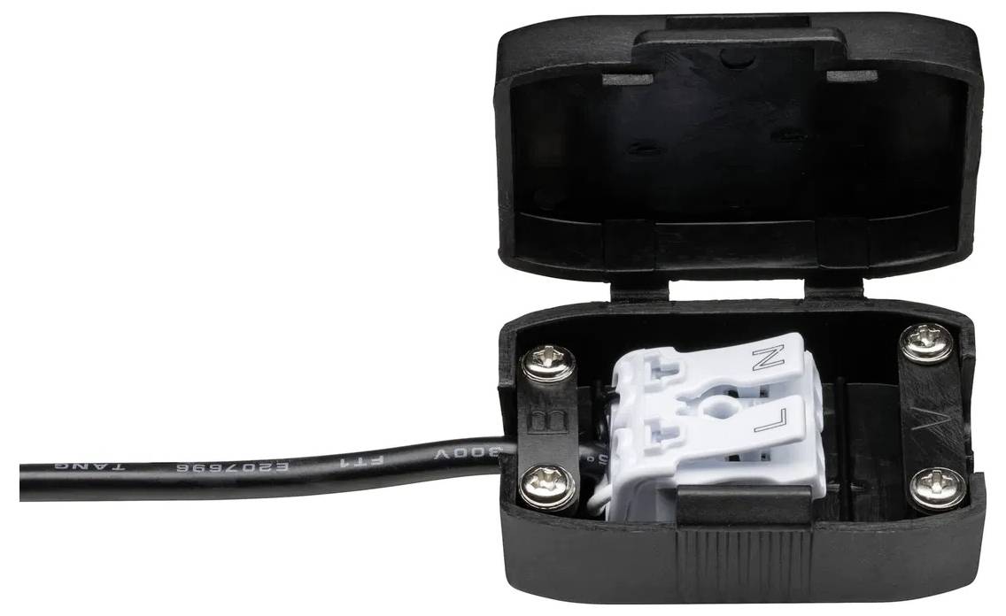 Offene schwarze Anschlussdose mit Kabel und sichtbaren Schraubklemmen, geeignet für elektrische Verbindungen.