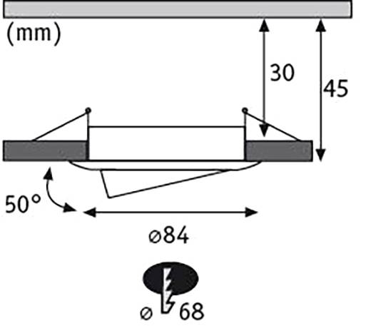 Diagramm eines Einbaustrahlers mit Maßen: Breite 84 mm, Einbautiefe 30 mm, Ausstanzung von 68 mm Durchmesser, Neigung 50 Grad.