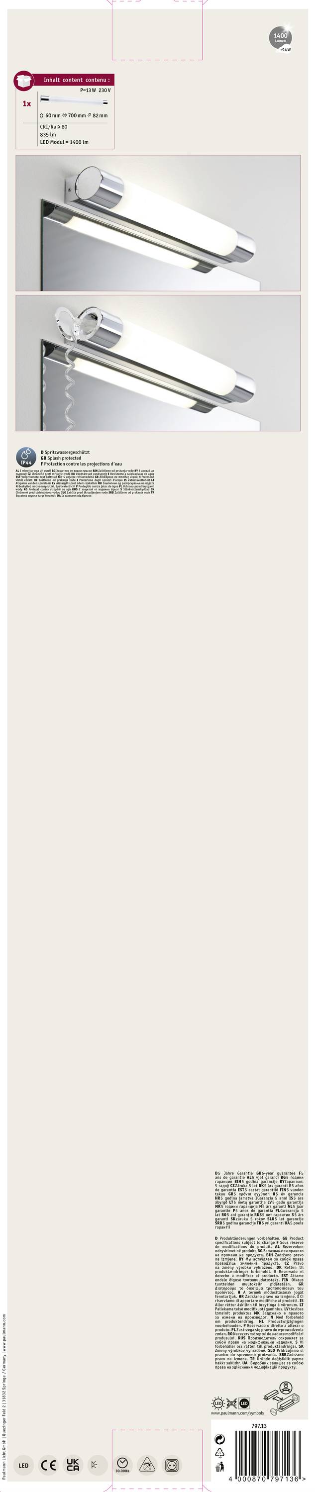 Paulmann Orgon 79713 LED-Spiegelleuchte 10.5W Warmweiß Chrom, Weiß