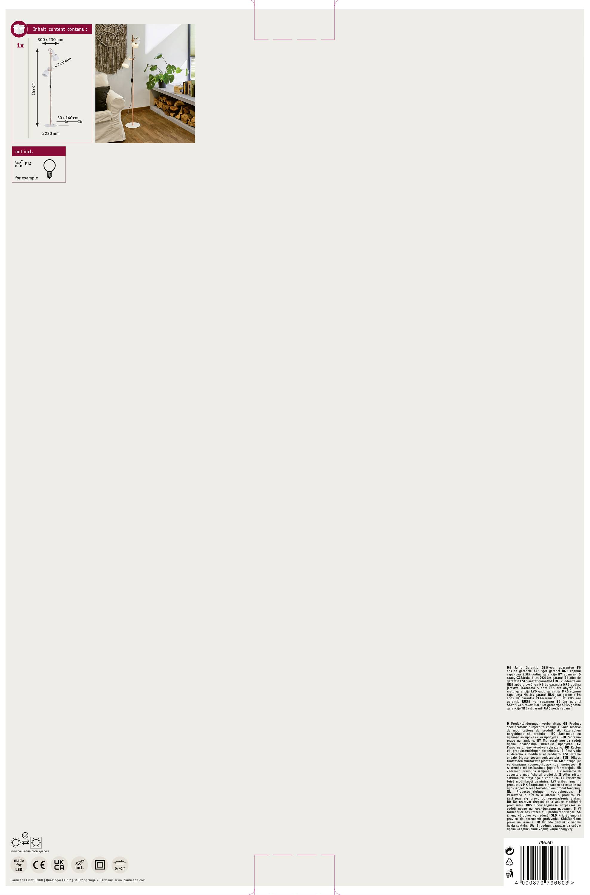 Ein weißer Stehlampen-Karton mit Bild einer aufgebauten Lampe, ihrer ungefähren Höhe von 167 cm, und einem Bild eines Wohnraums mit Lampe.