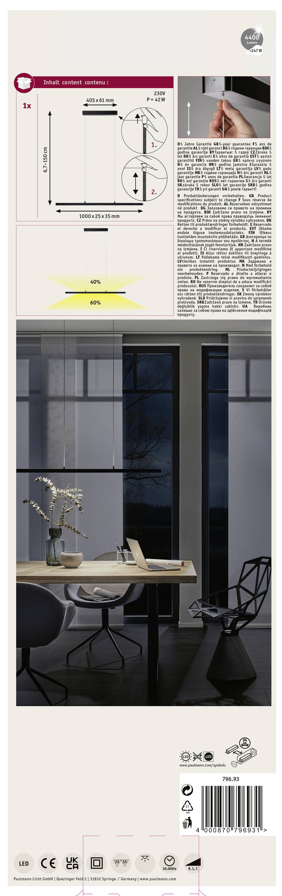 Paulmann Lento 79693 LED-Pendelleuchte LED LED fest eingebaut 37W Schwarz (glänzend)