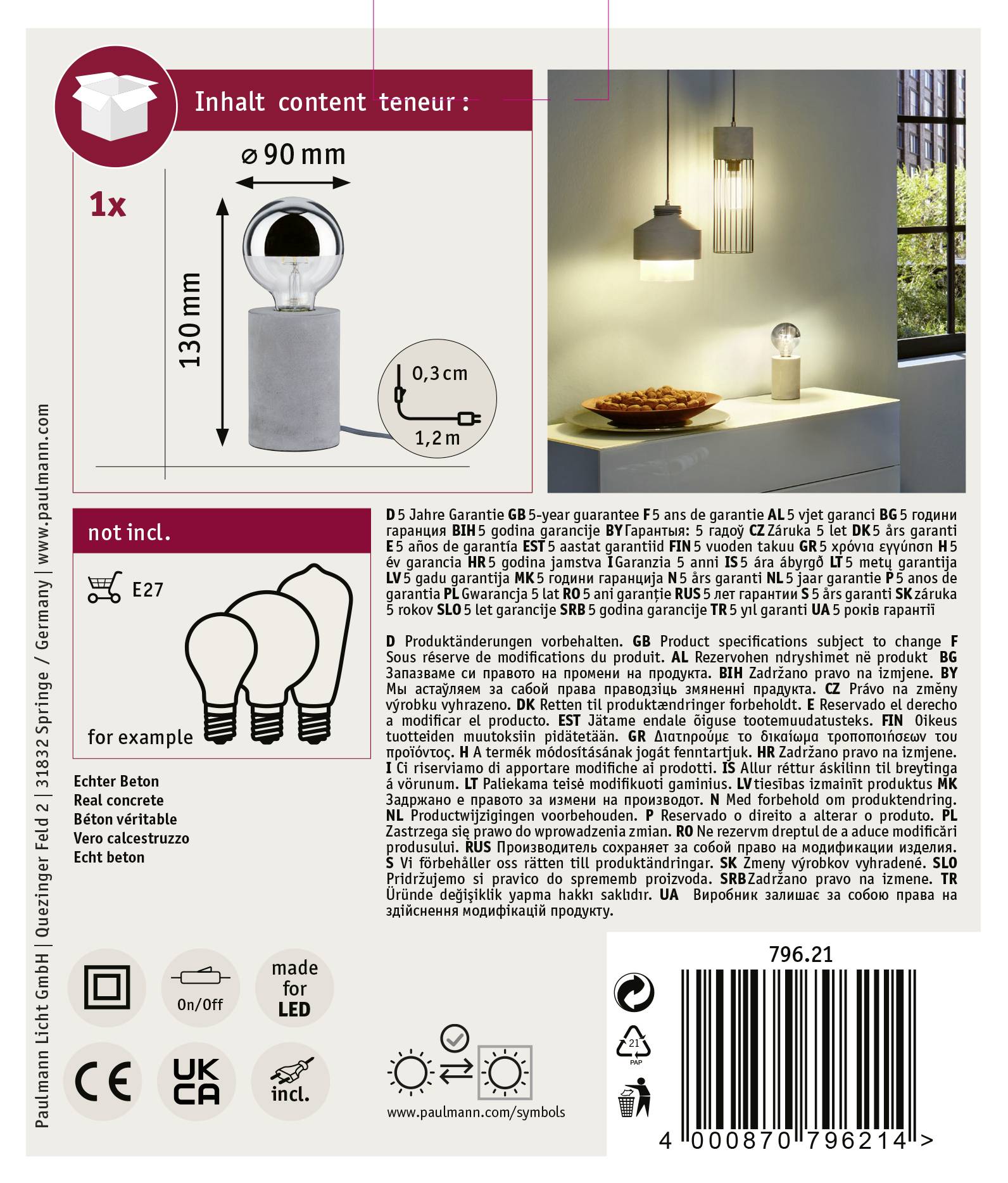 Paulmann Neordic Mik 79621 Tischlampe LED E27 20W Beton-Grau