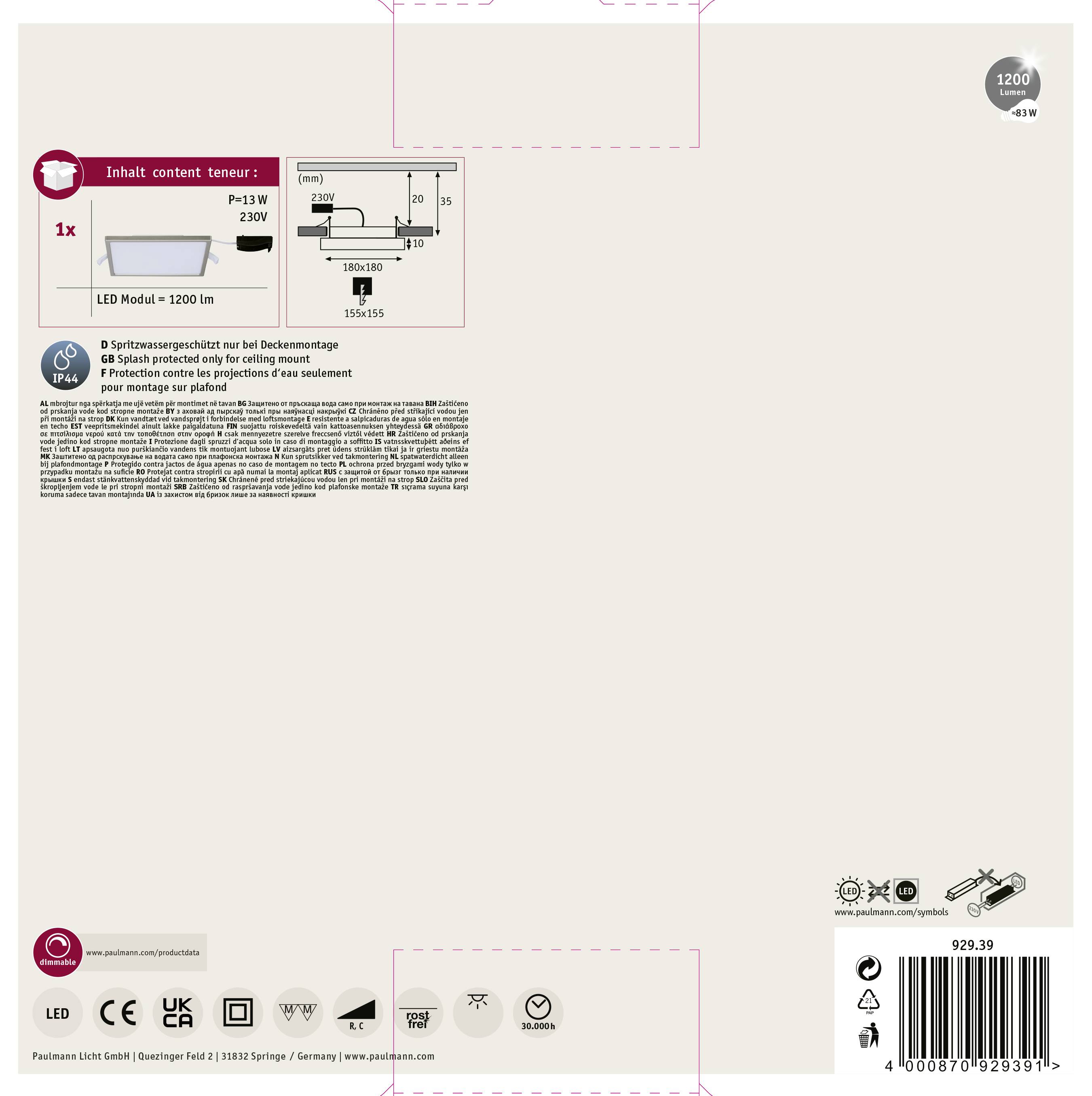 Paulmann Areo LED-Bad-Einbaupanel LED LED fest eingebaut 12W IP44 Nickel (matt)
