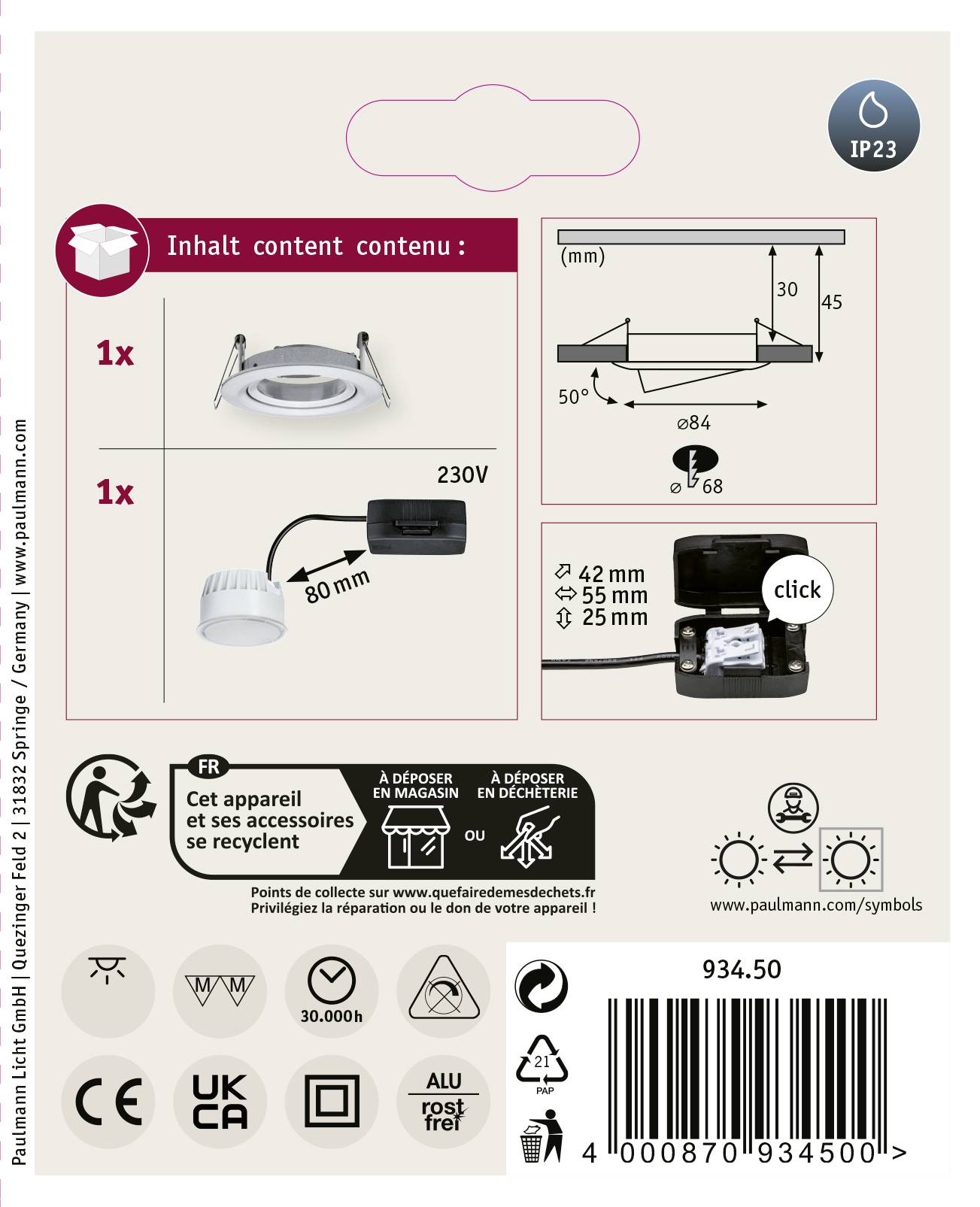 'IP23' Deckeneinbauleuchte Verpackung: 1x Leuchte, 230V, 80mm; 1x Verbinder. Piktogramme: recycelbar, Normen. Montagezeichnung rechts.