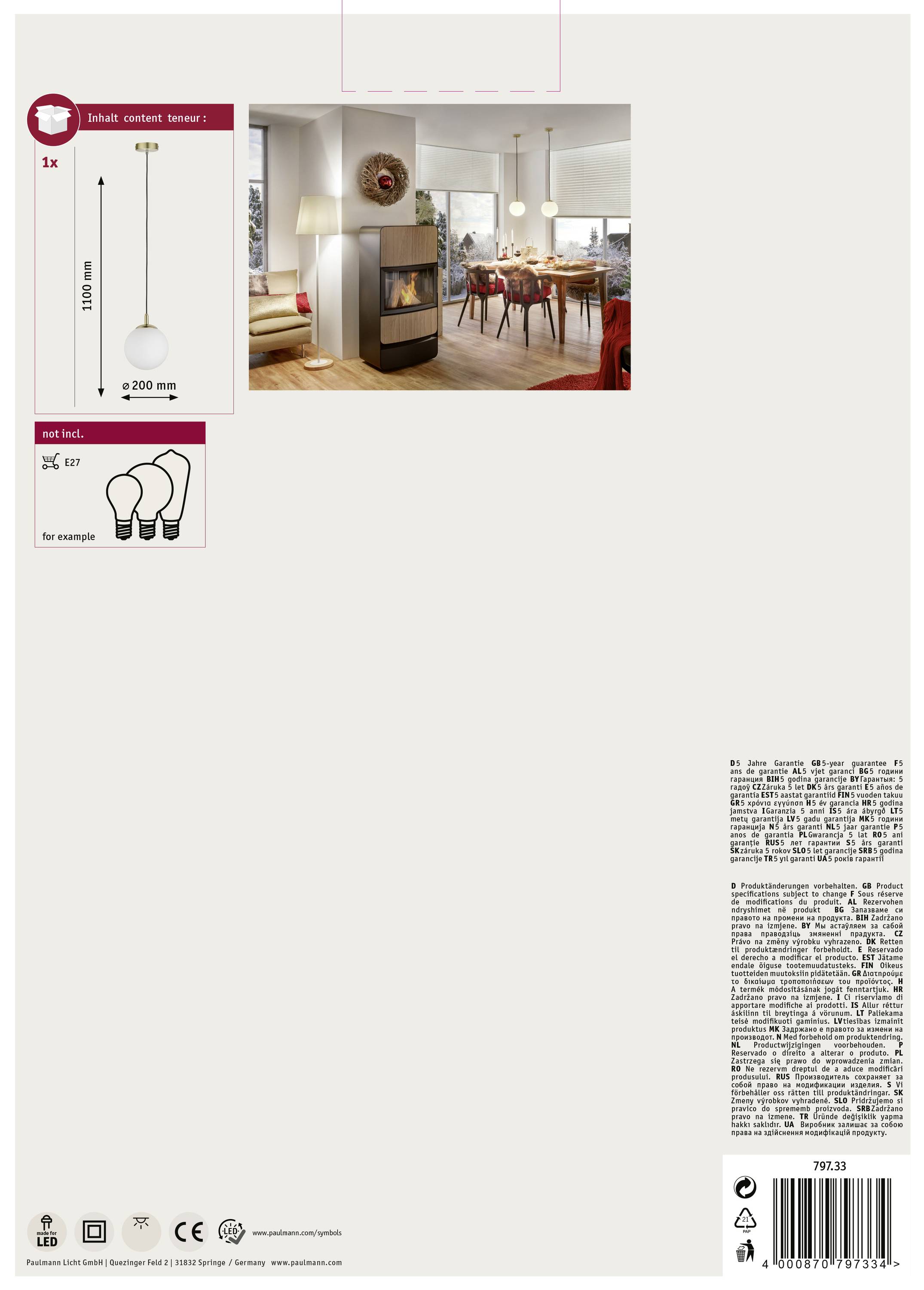 Paulmann Menja 79733 Pendelleuchte LED E27 20W Messing (gebürstet), Weiß