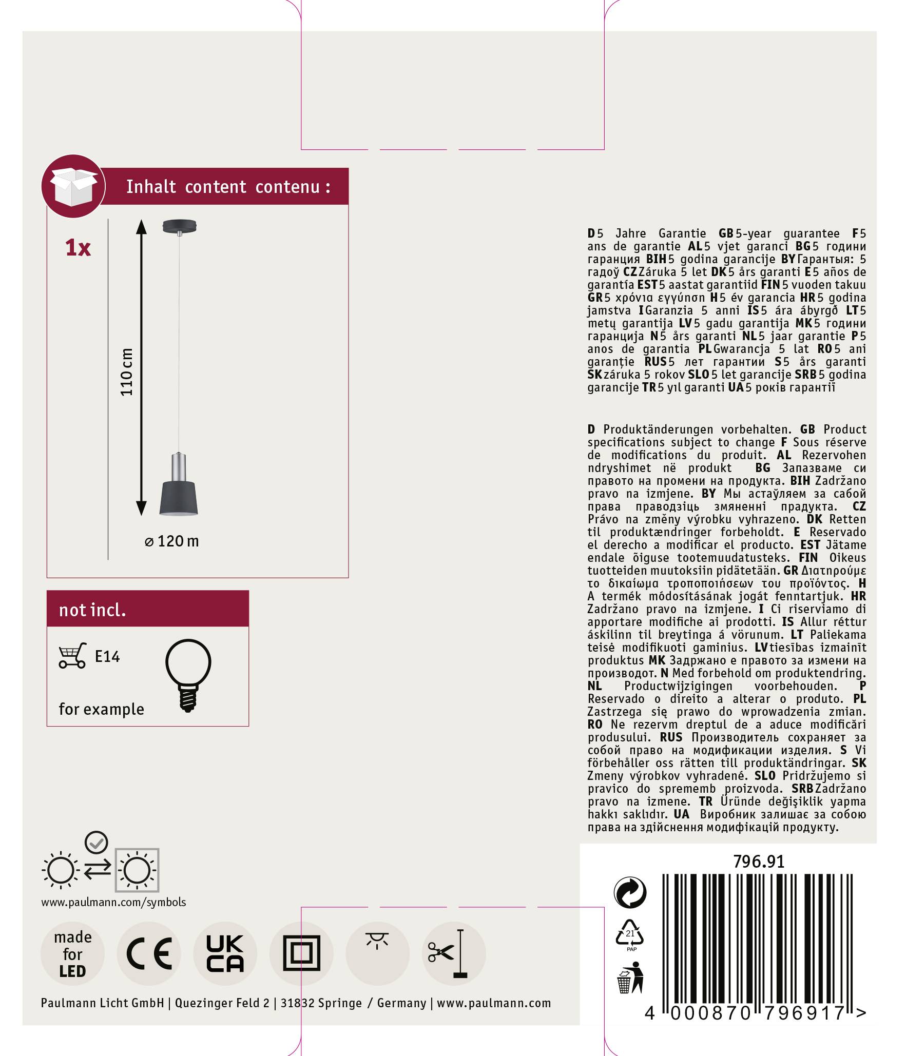 Paulmann Neordic Haldar 79691 Pendelleuchte LED E14 20W Dunkelgrau, Chrom