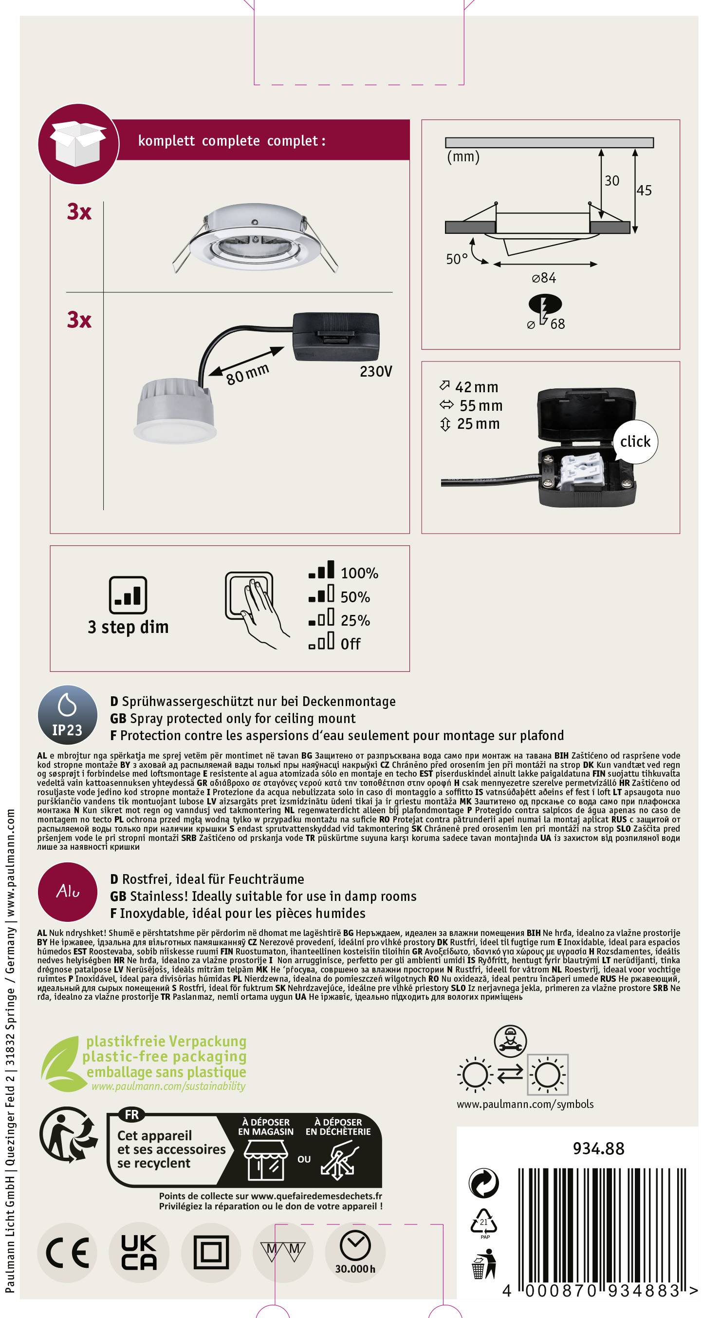 Paulmann 93488 Nova Einbauleuchte 3er Set LED LED 18W Chrom (glänzend)