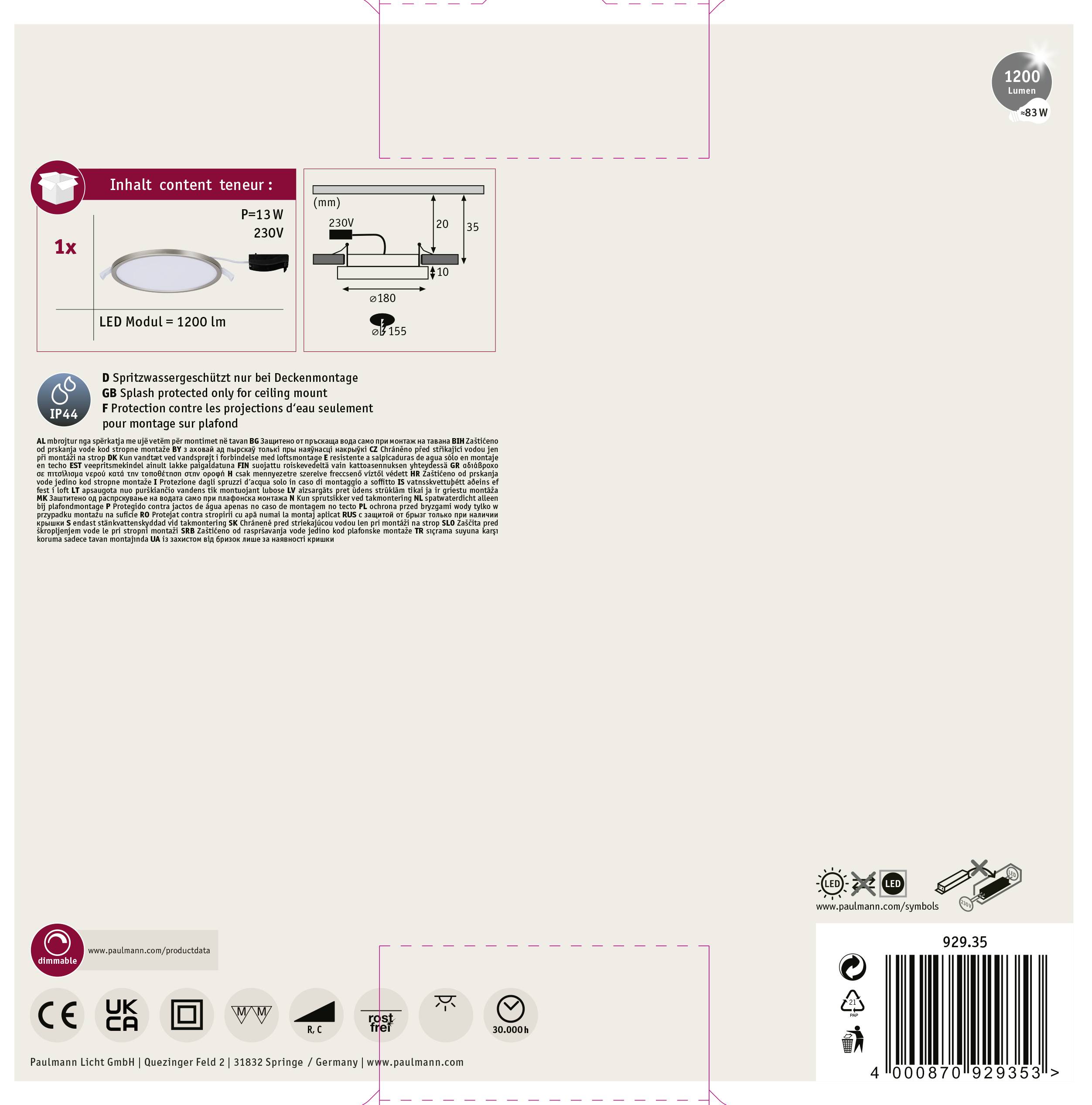 Paulmann Areo LED-Bad-Einbaupanel LED LED fest eingebaut 12W IP44 Nickel (matt)