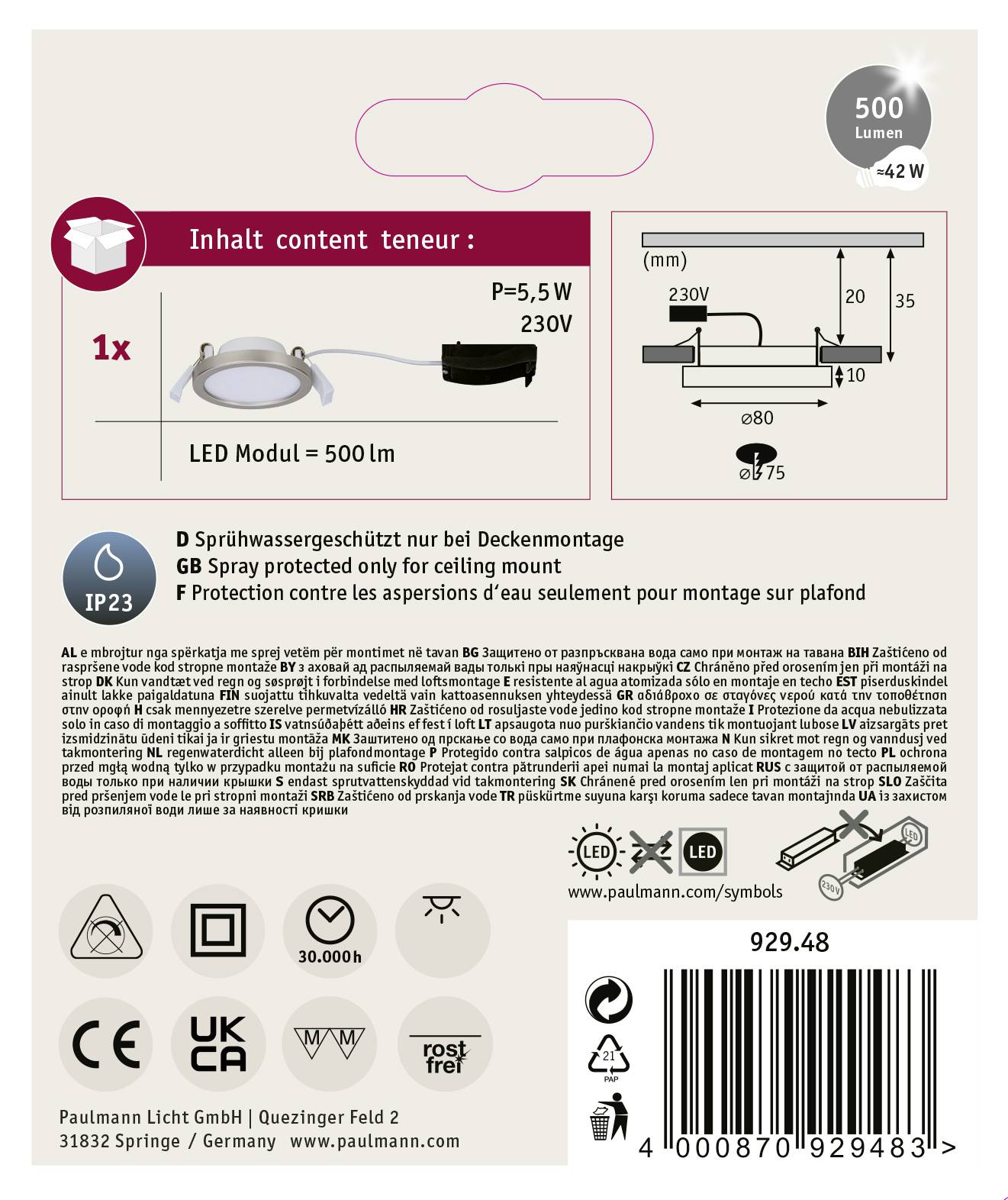 Paulmann 92948 Areo LED-Einbaupanel LED LED fest eingebaut 5 W Nickel (matt)