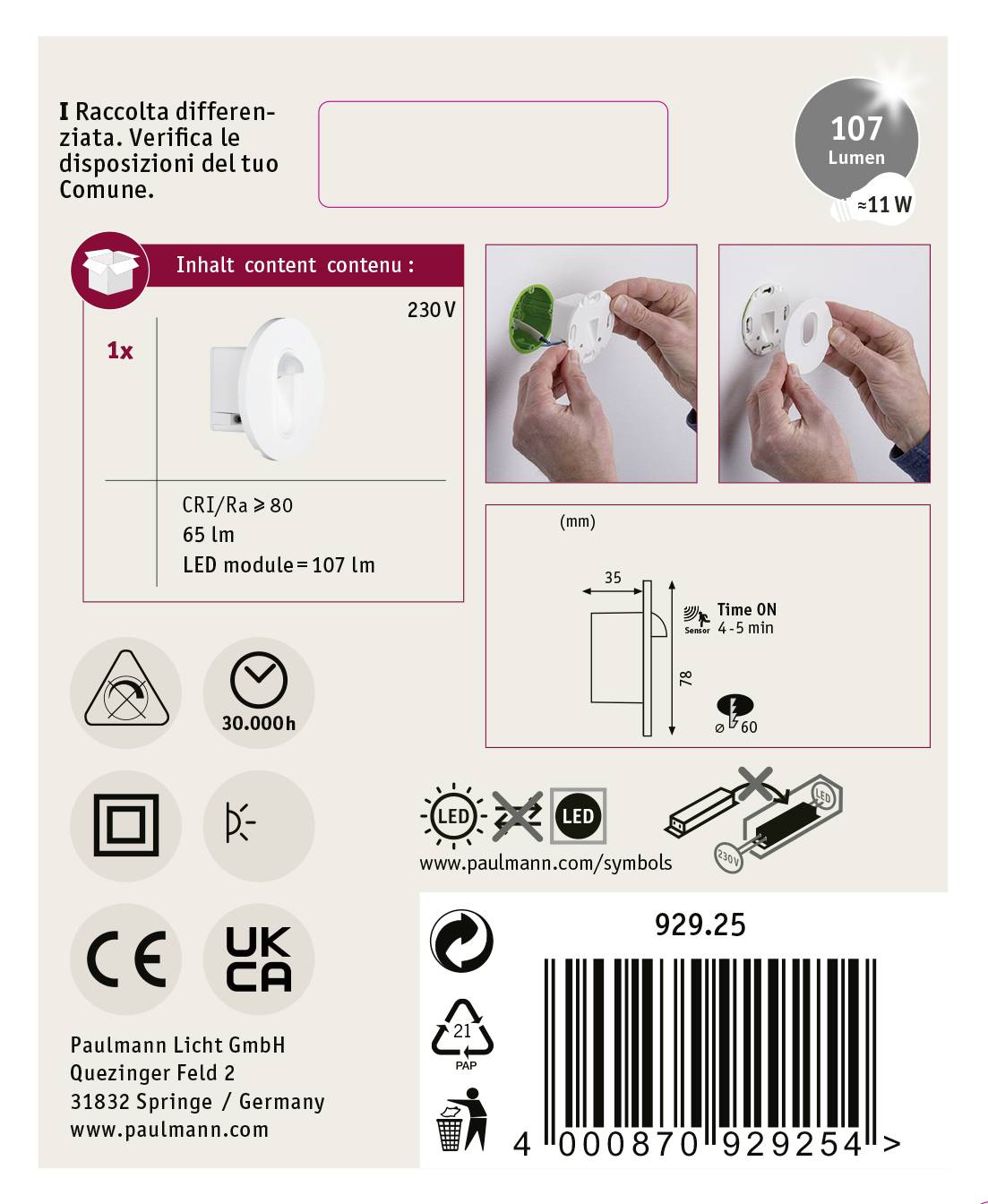 Paulmann 92925 LED-Einbauleuchte mit Bewegungsmelder LED LED fest eingebaut 2.7W Weiß (glänzend)