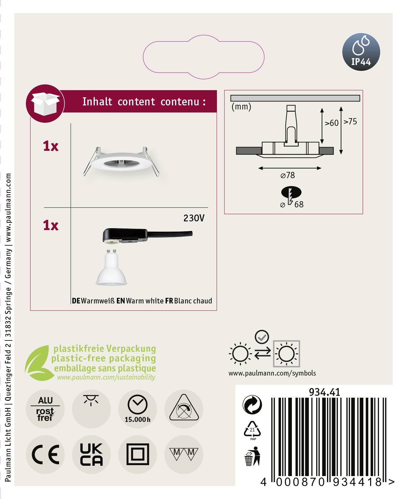 Paulmann Nova Bad-Einbauleuchte LED GU10 6.5W IP44 Weiß (matt)