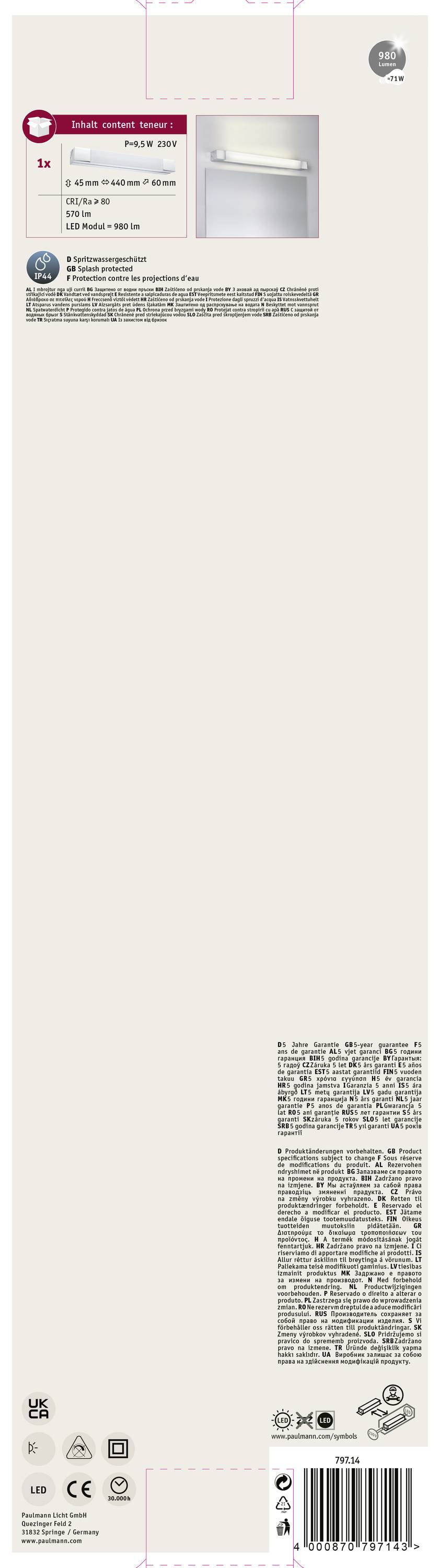 Paulmann Quasar 79714 LED-Spiegelleuchte 7.5W Warmweiß Chrom, Weiß