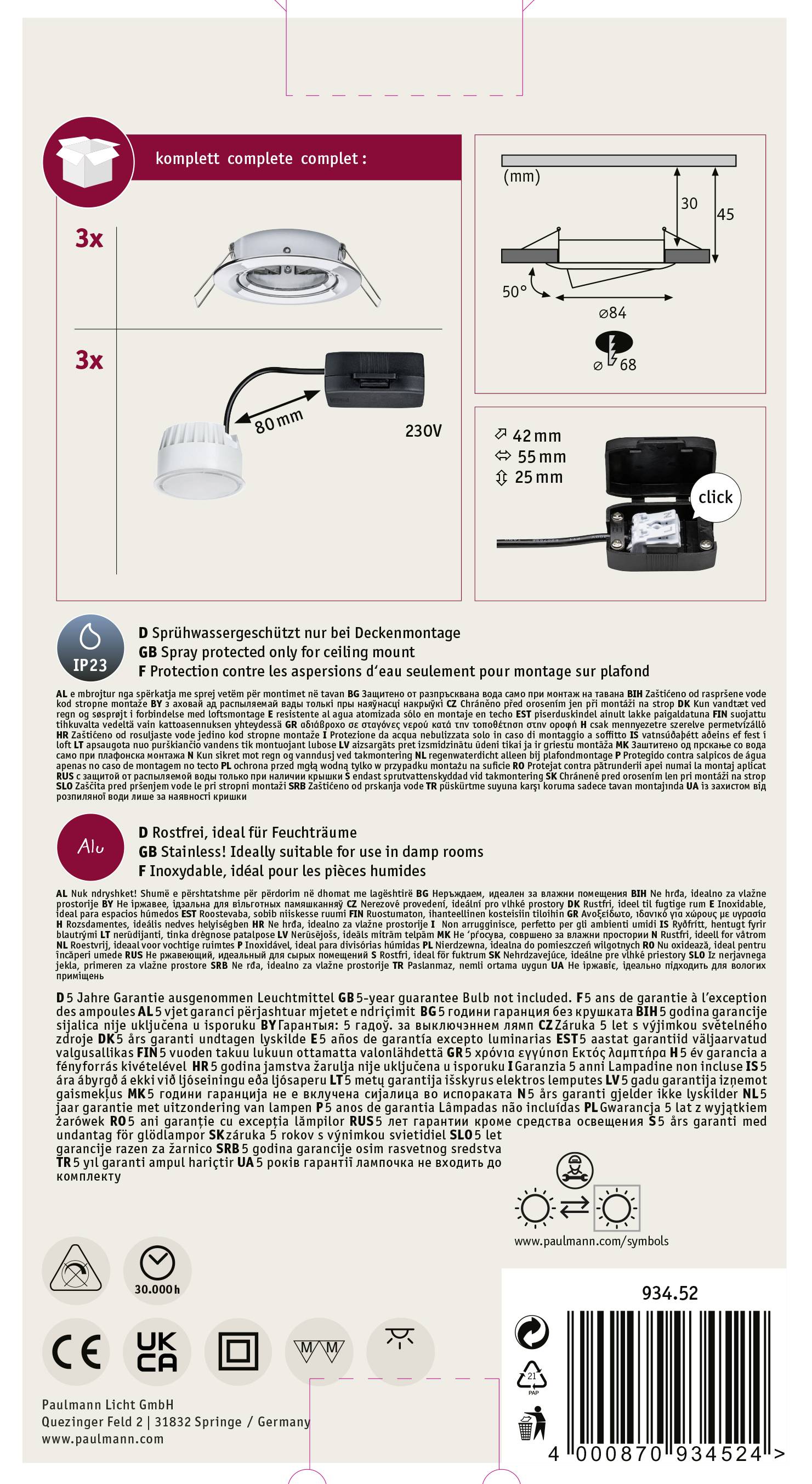 Paulmann 93452 Nova Einbauleuchte 3er Set LED LED 18W Chrom (glänzend)