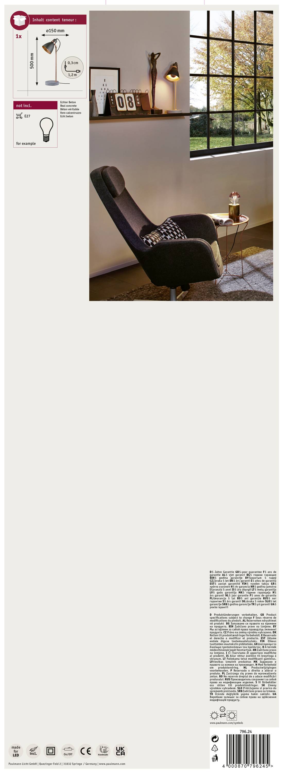 Paulmann Neordic Orm 79624 Schreibtischleuchte LED E27 20W Beton-Grau, Kupfer