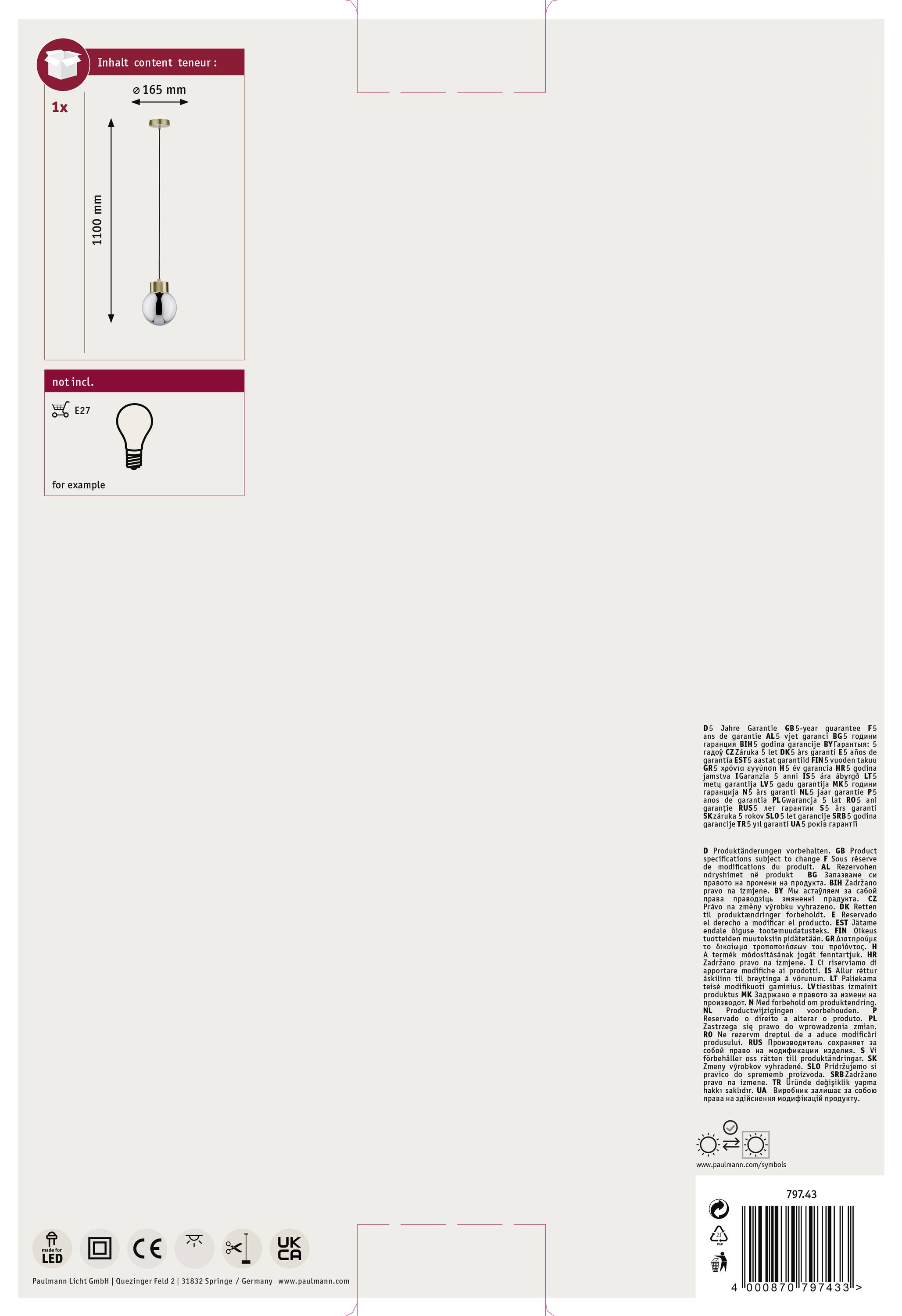 Paulmann Linja 79743 Pendelleuchte LED E27 20W Messing (gebürstet), Rauch