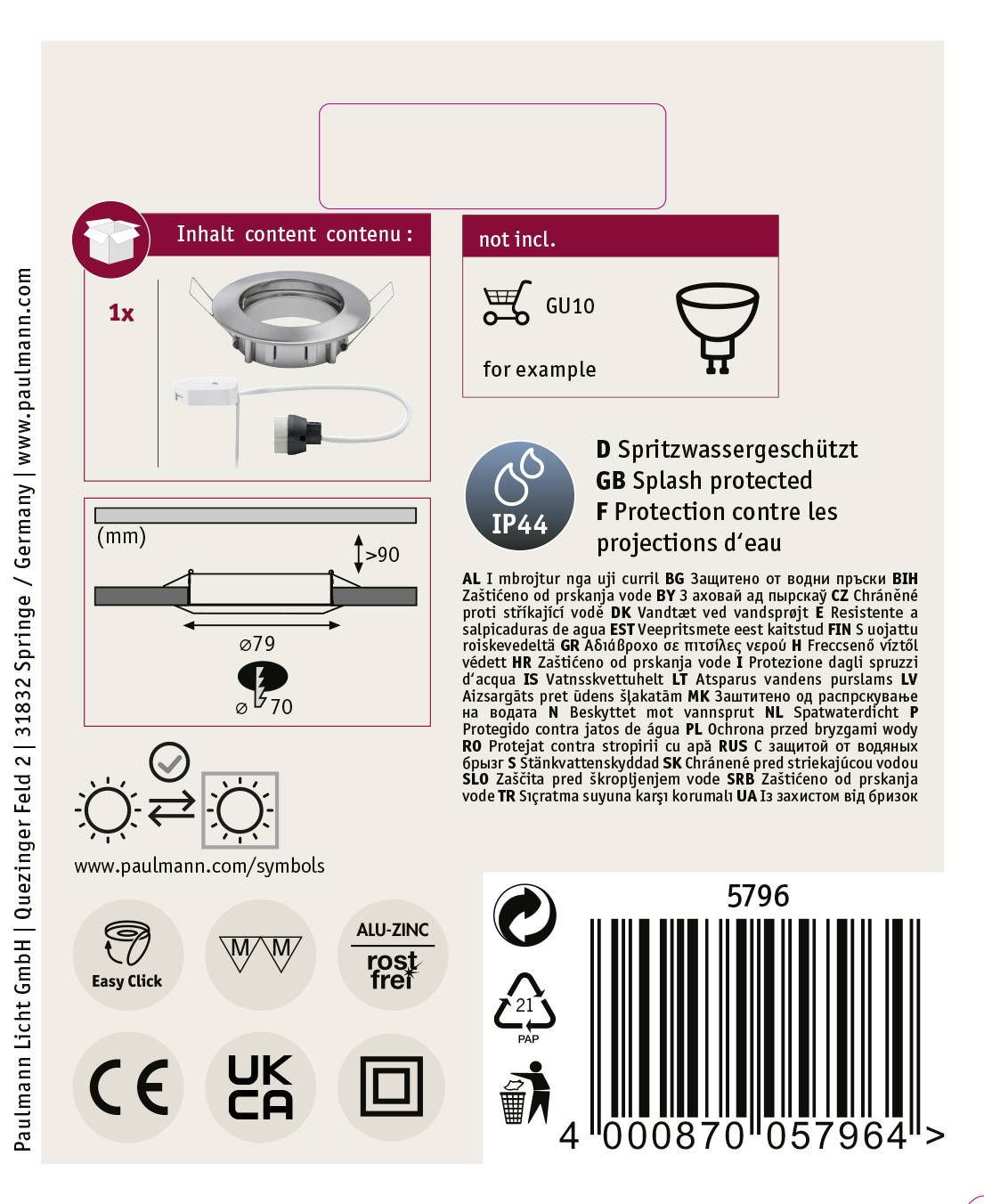Paulmann Premium Line Bad-Einbauleuchte LED GU10 50 W IP44 Eisen (gebürstet)