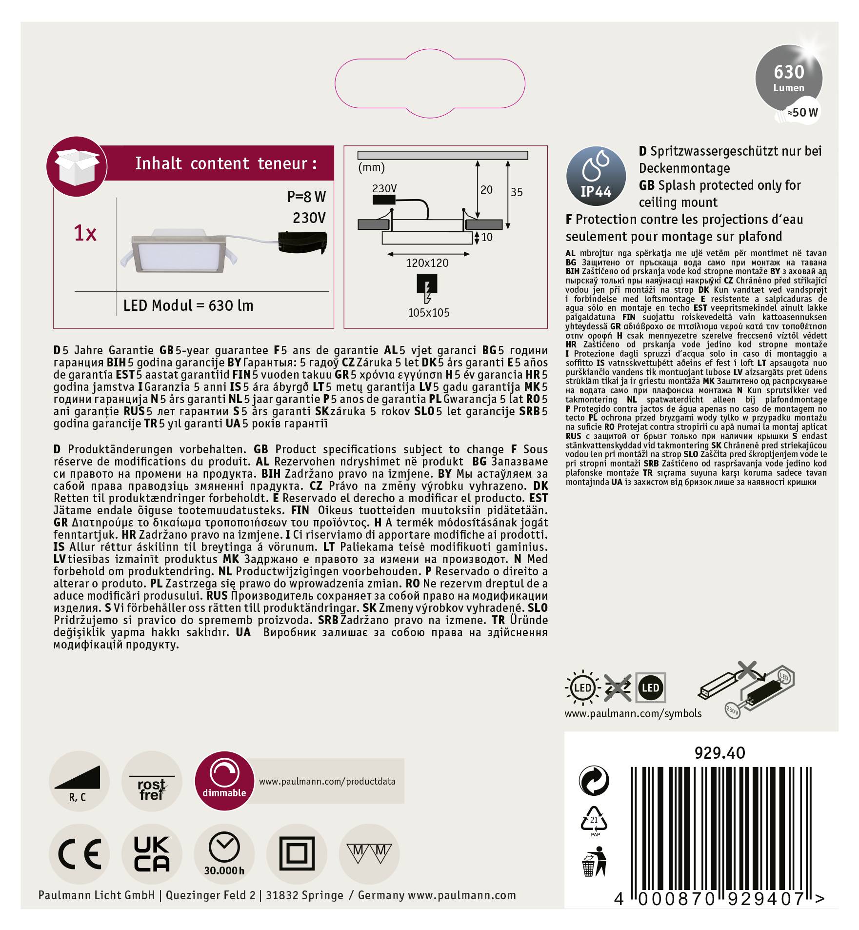 Paulmann Areo LED-Bad-Einbaupanel LED LED fest eingebaut 8W IP44 Nickel (matt)