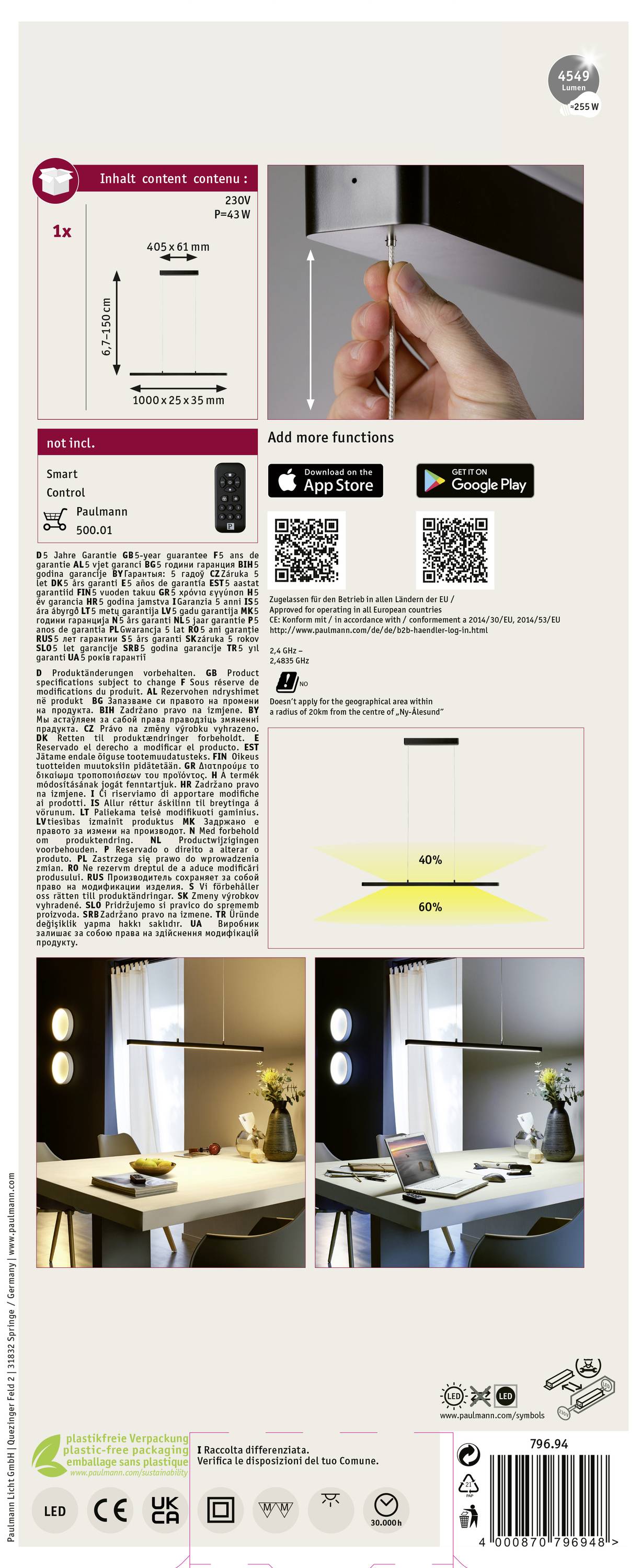 Paulmann Lento 79694 LED-Pendelleuchte LED LED fest eingebaut 43 W Schwarz (glänzend)