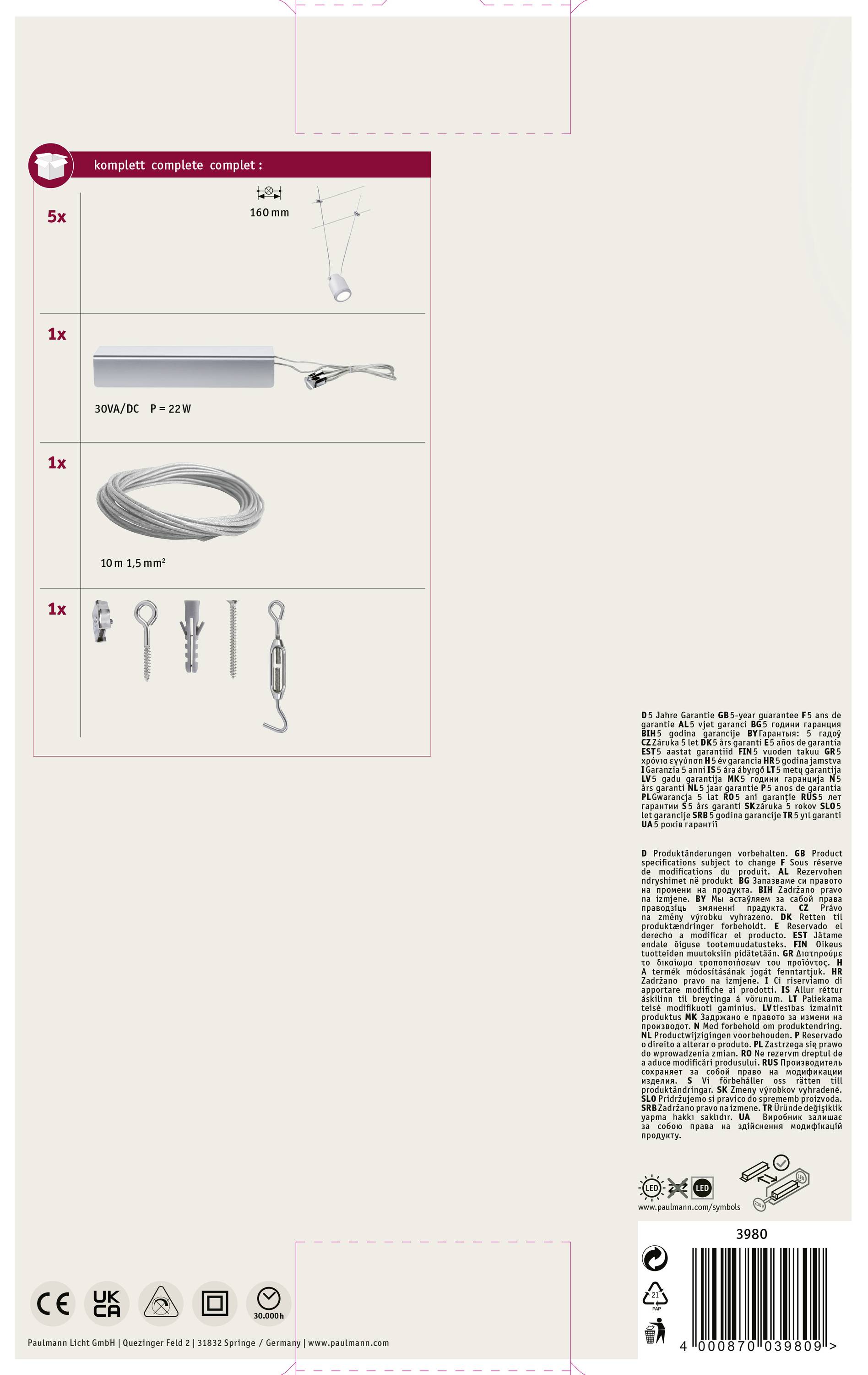 Paulmann TunLED 3980 Seil-Komplettsystem LED fest eingebaut 20W LED Chrom (matt), Weiß