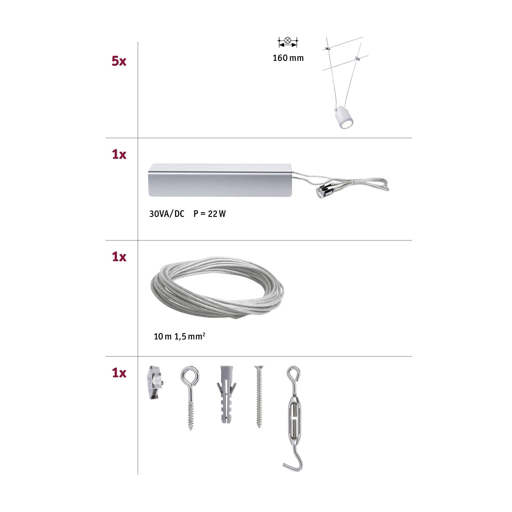 Paulmann TunLED 3980 Seil-Komplettsystem LED fest eingebaut 20W LED Chrom (matt), Weiß