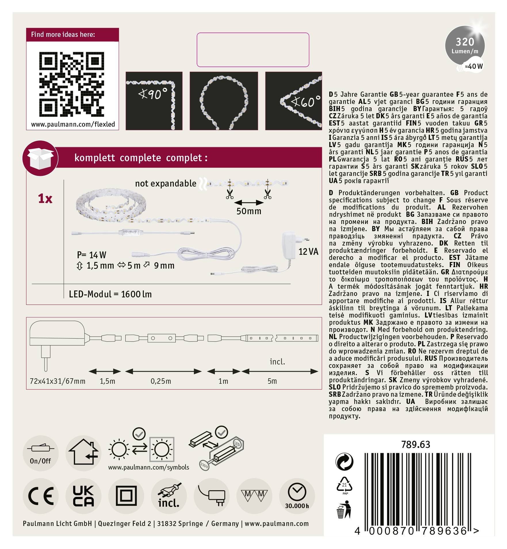 Paulmann FlexLED 3D 78963 LED-Streifen-Basisset mit Stecker 12V 5m Warmweiß 1St.