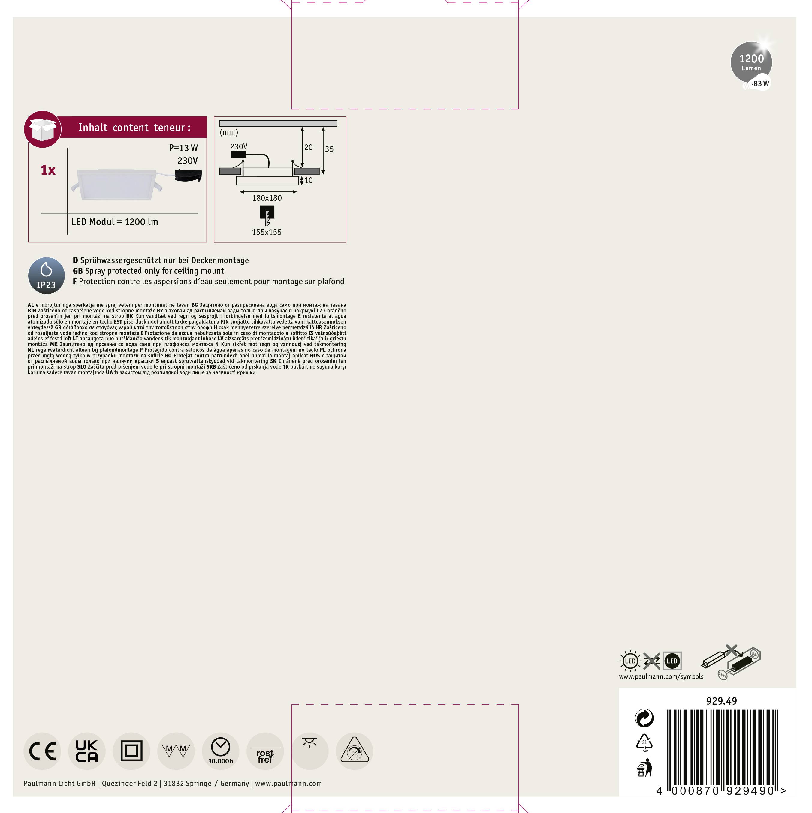 Paulmann 92949 Areo LED-Einbaupanel LED LED fest eingebaut 12W Weiß (matt)