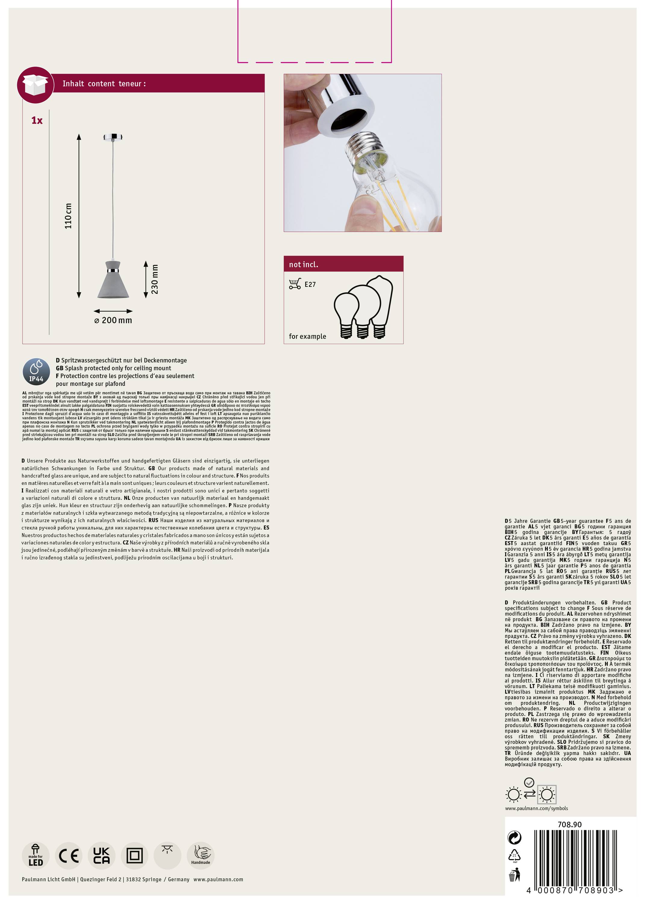 Paulmann Verve 70890 Pendelleuchte LED E27 20W Beton-Grau, Chrom