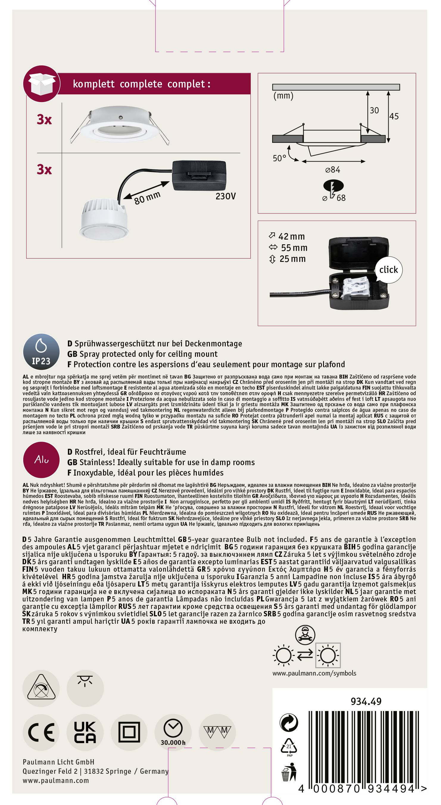 Paulmann 93449 Nova Einbauleuchte 3er Set LED LED 18W Weiß (matt)