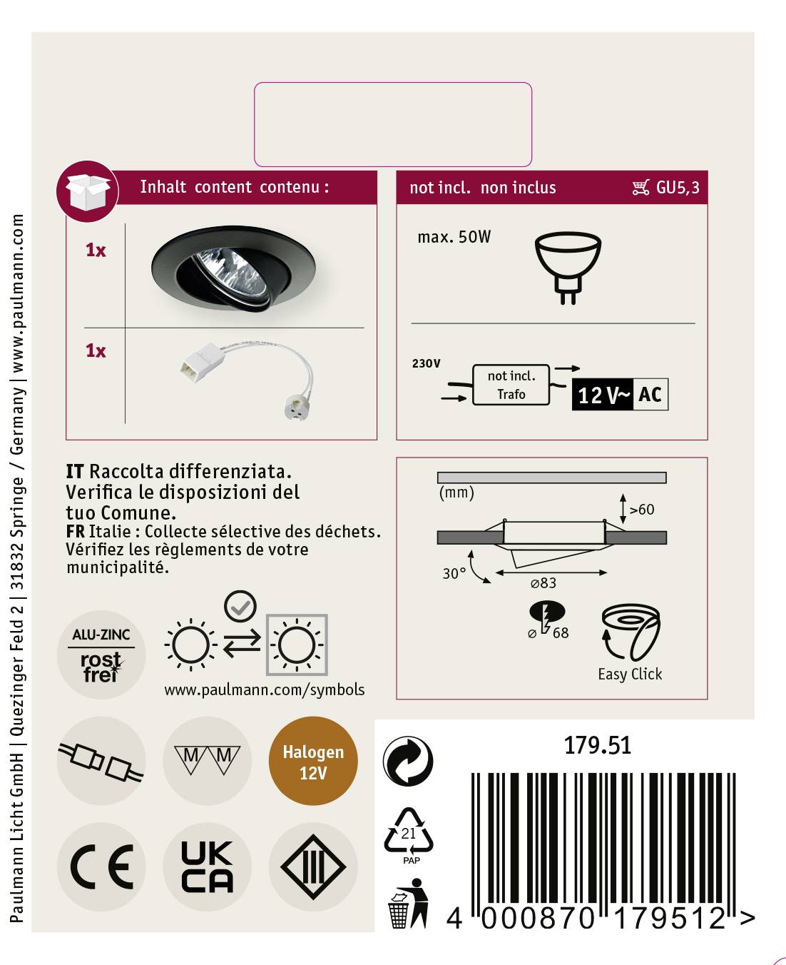 Paulmann 17951 Einbauleuchte LED GU5.3 50W Schwarz (glänzend)