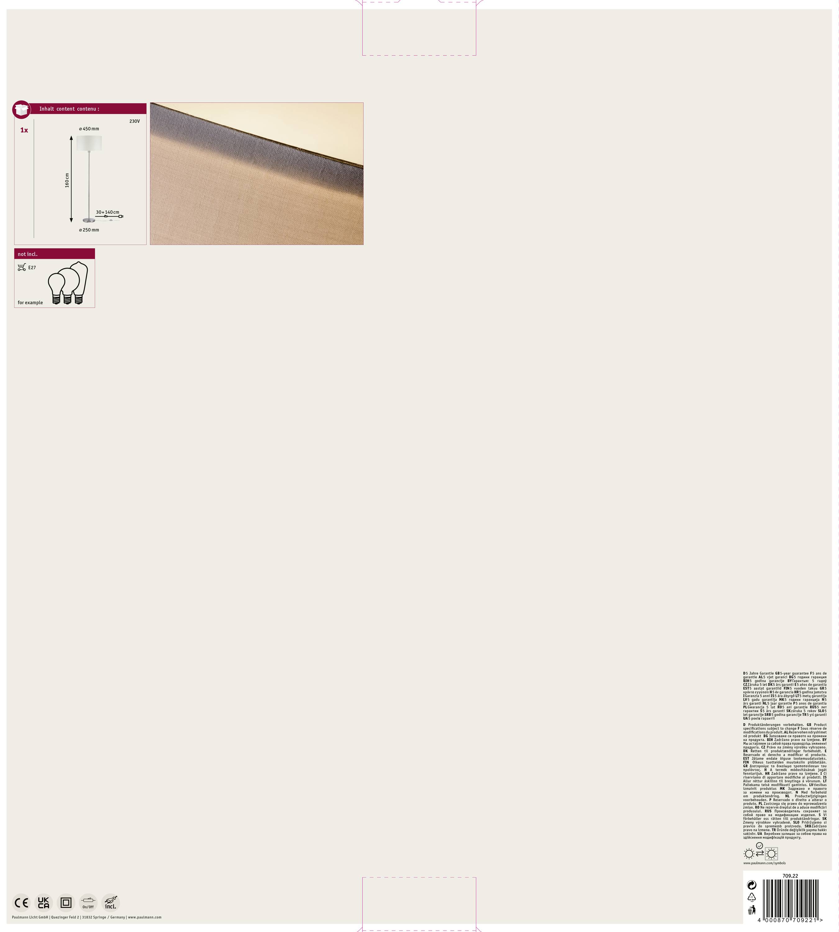 Verpackungsdesign für ein LED-Lichtprodukt. Enthält Produktbild, technische Zeichnung mit Maßen und Symbole für Sicherheitsinformationen.