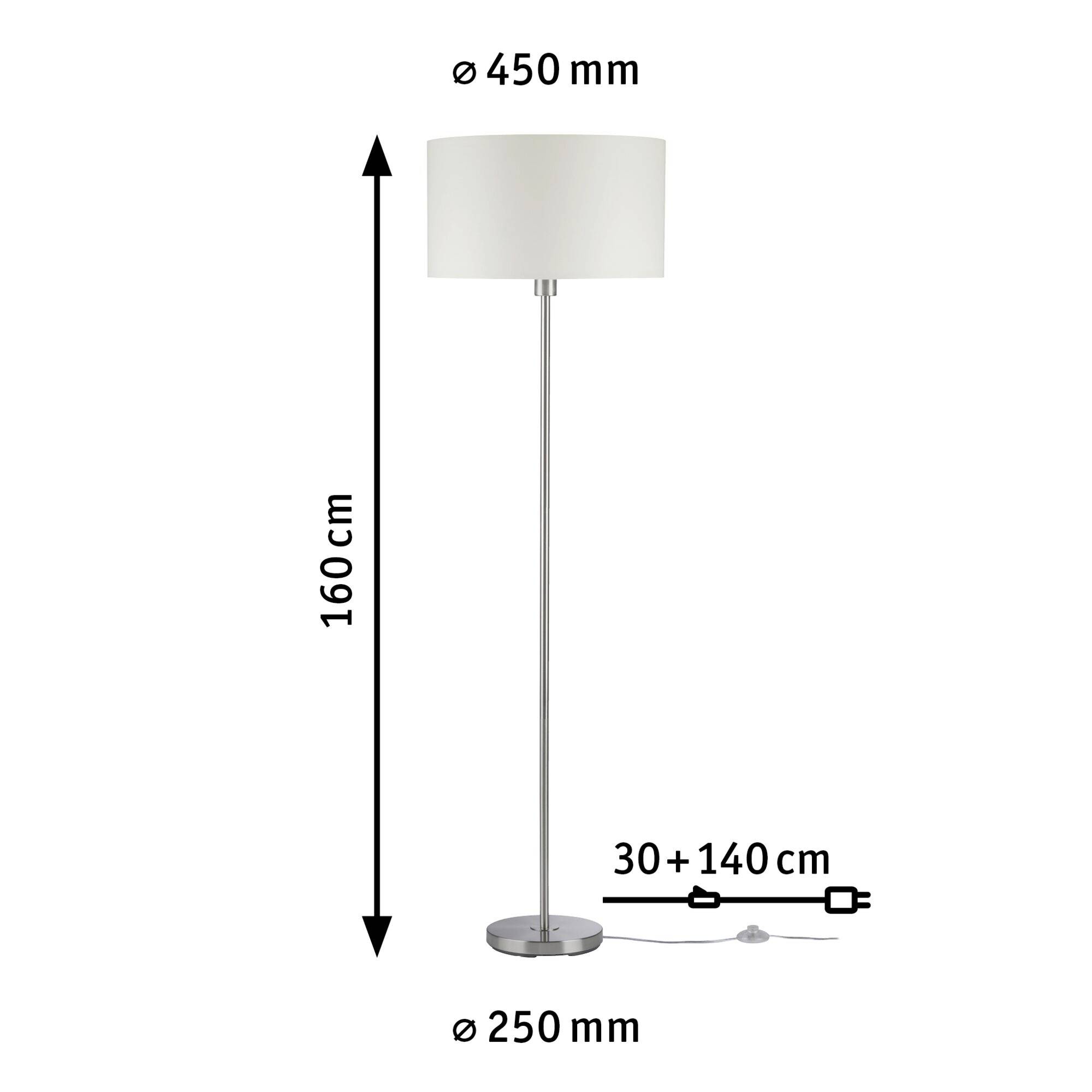 Stehleuchte aus Metall, weißer Lampenschirm, Höhe 160 cm, Breite 45 cm, Sockeldurchmesser 250 mm, Kabellänge 170 cm mit Schalter.