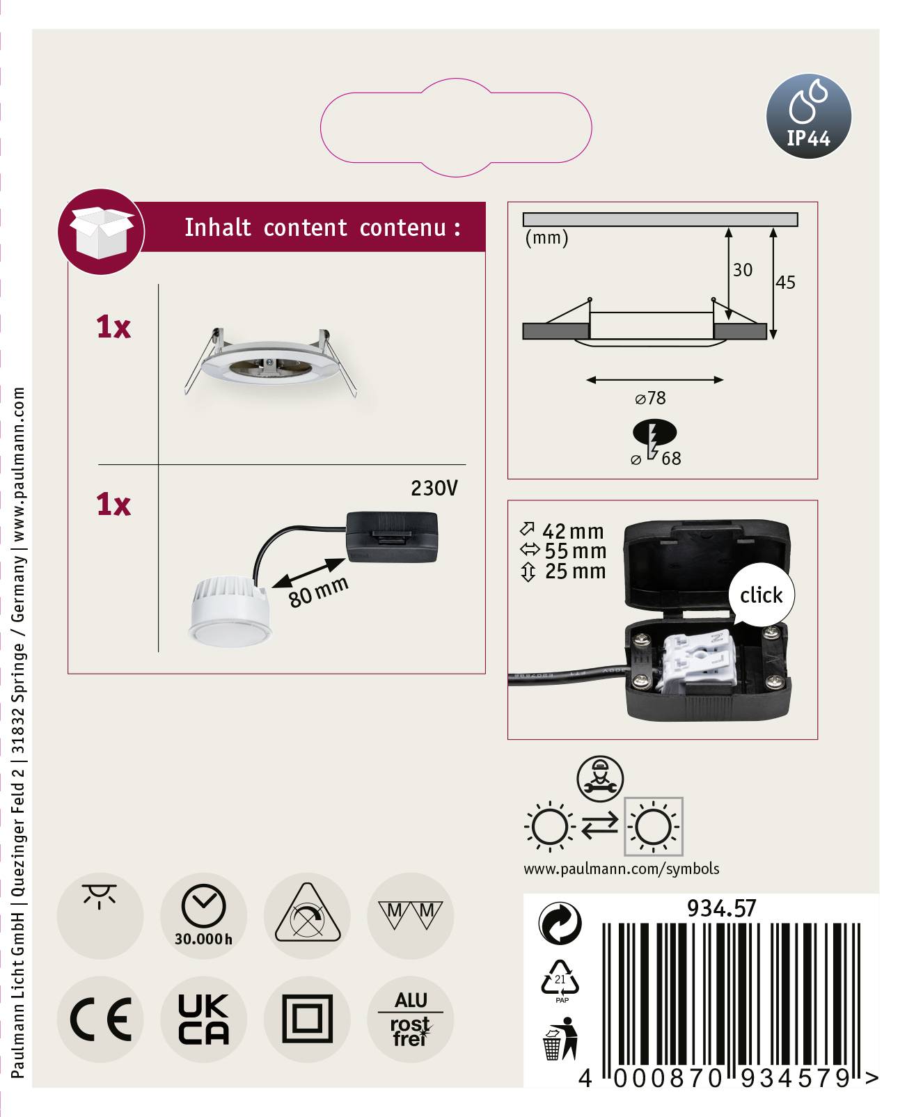 Paulmann Nova Bad-Einbauleuchte LED LED 6W IP44 Eisen (gebürstet)