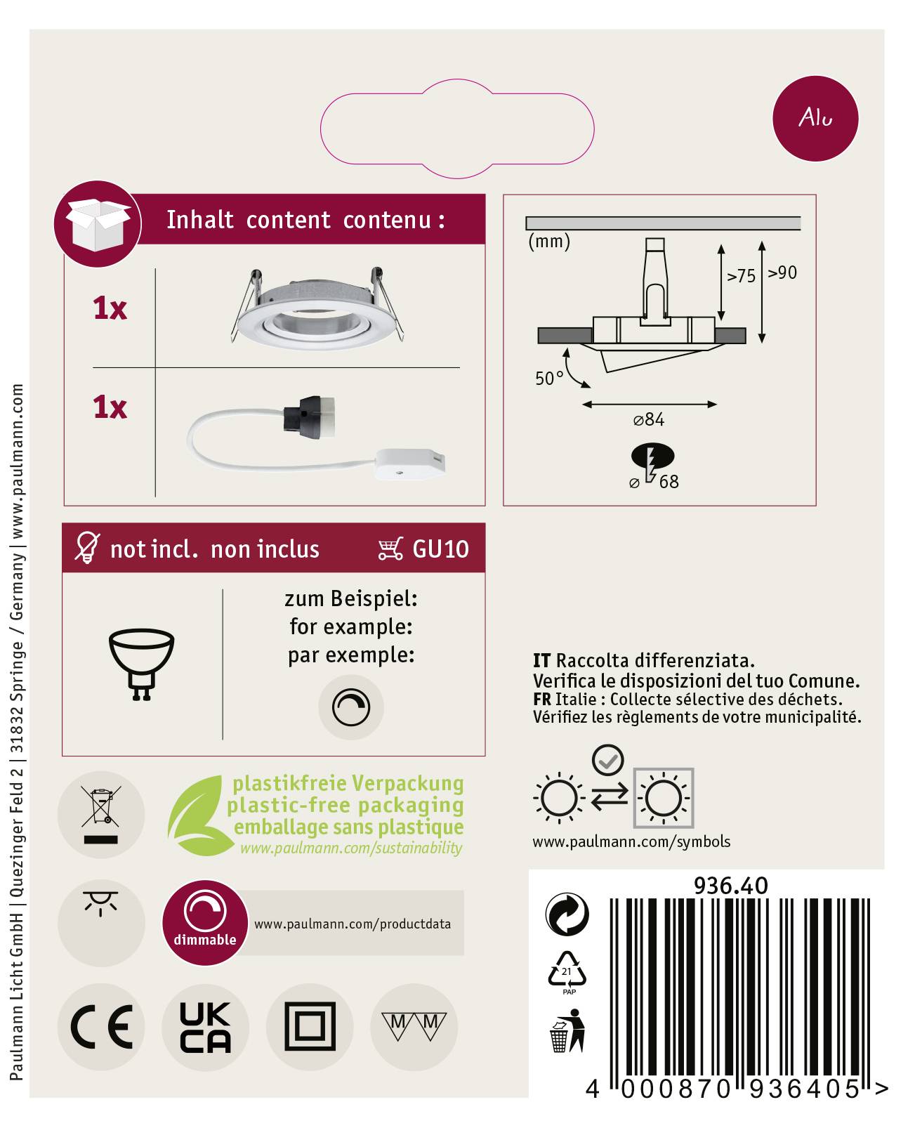 Paulmann 93640 Nova Einbauleuchte LED GU10 35W Aluminium (gedreht)