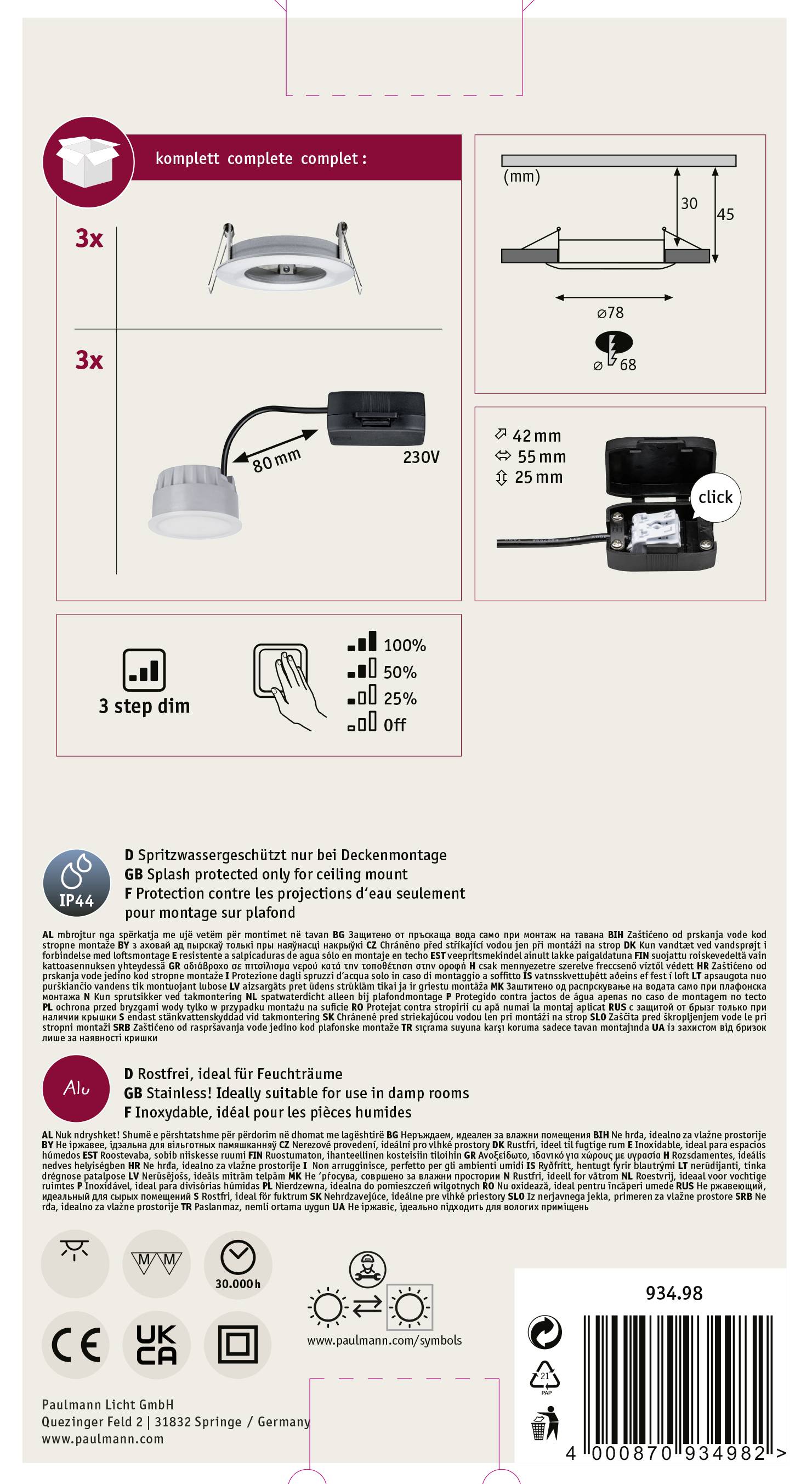 Paulmann Nova Bad-Einbauleuchte 3er Set LED LED 18W IP44 Aluminium (gedreht)