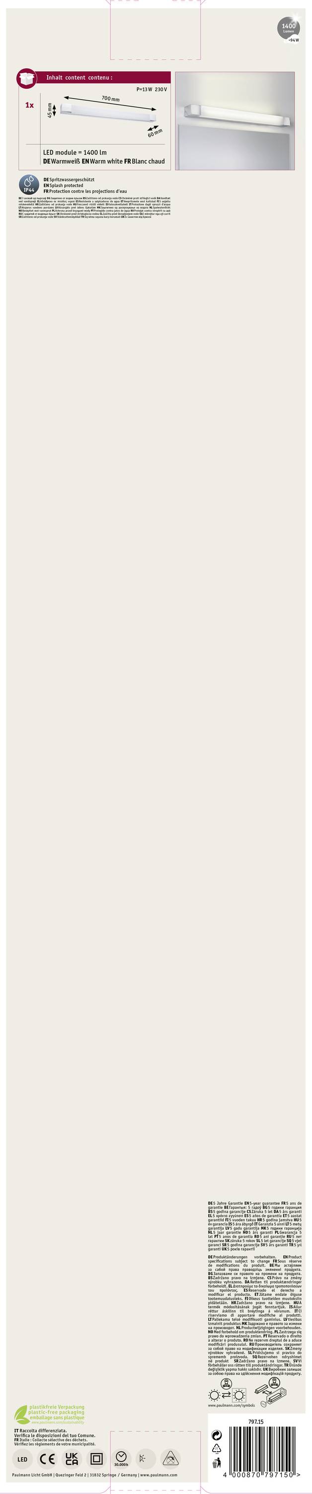 Paulmann Quasar 79715 LED-Spiegelleuchte 10.5W Warmweiß Chrom, Weiß